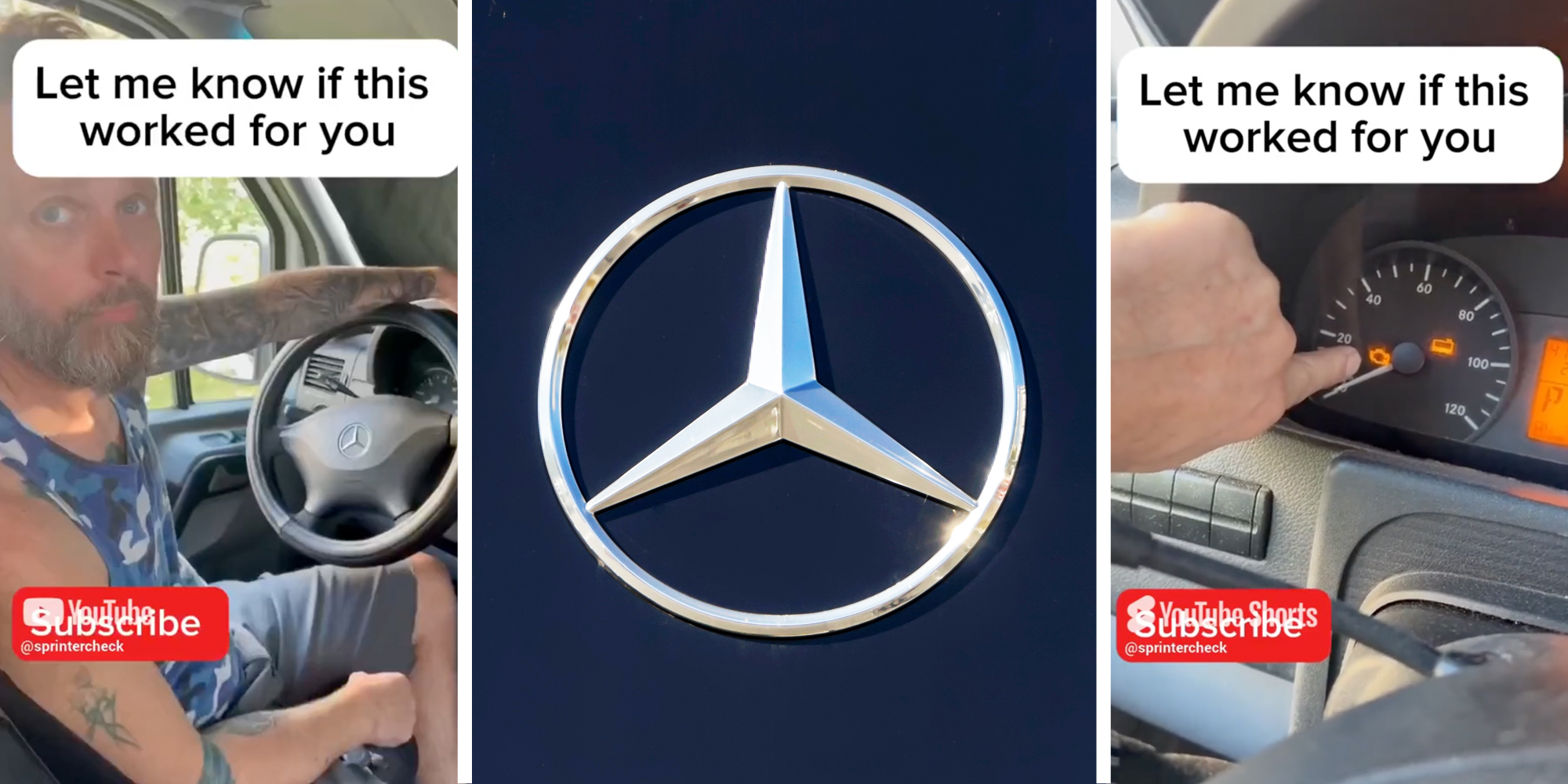 Man at wheel(l), Mercedes Logo(c), Man pointing to dashboard(r)