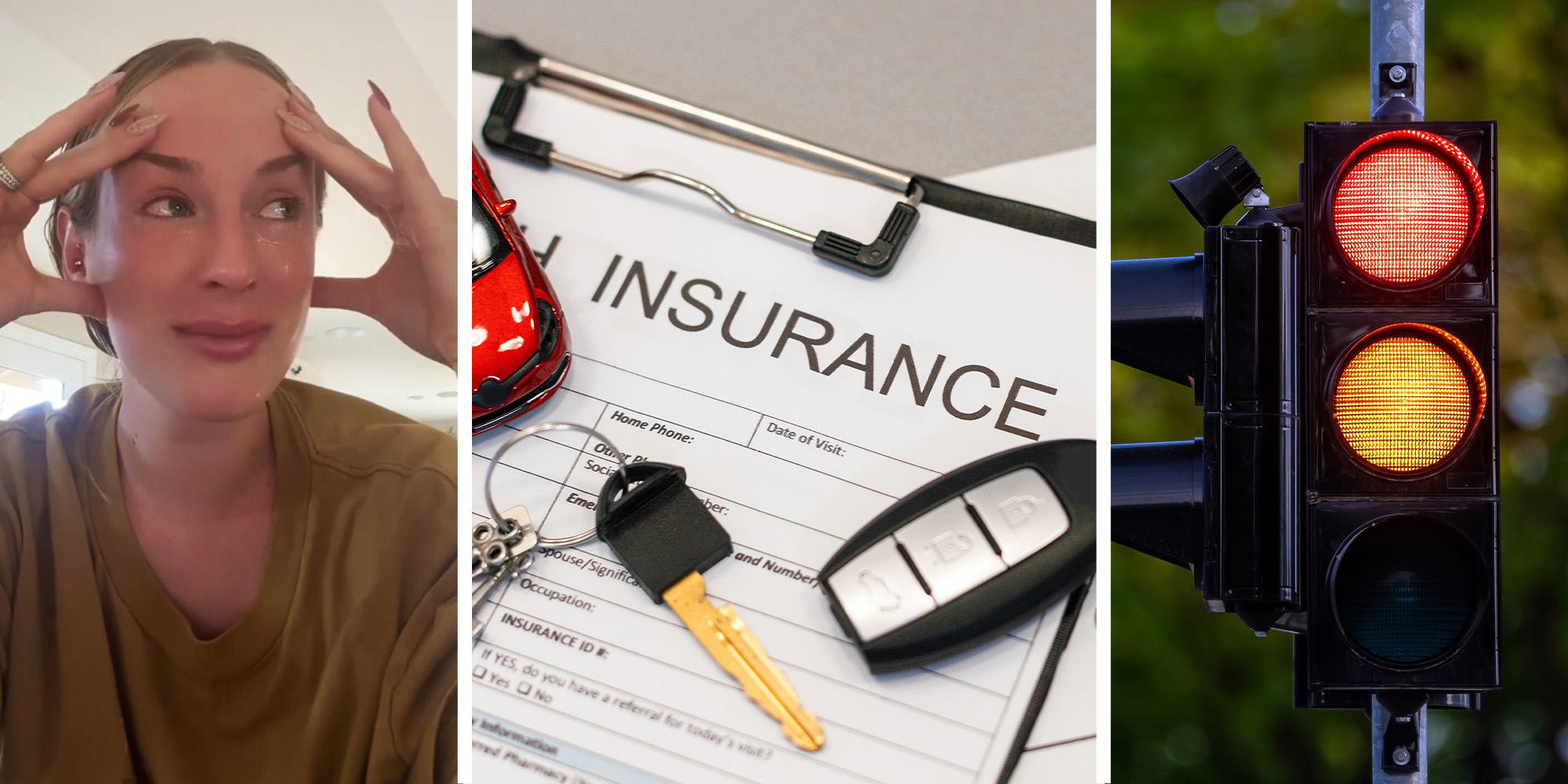 Woman looking worried(l) Documents with the word "Insurance" on display(c) Traffic Light(r)