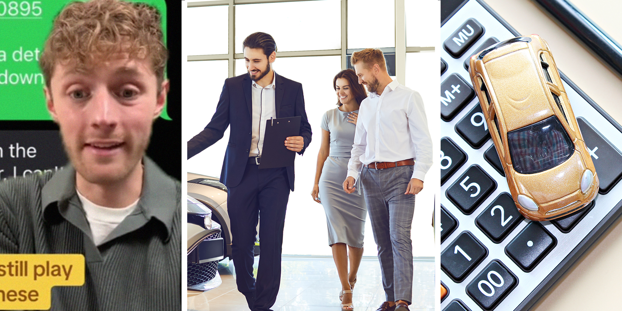 Man with greenscreen effect(l) Dealer Showing Couple Cars(c) Car on Calculator(r)