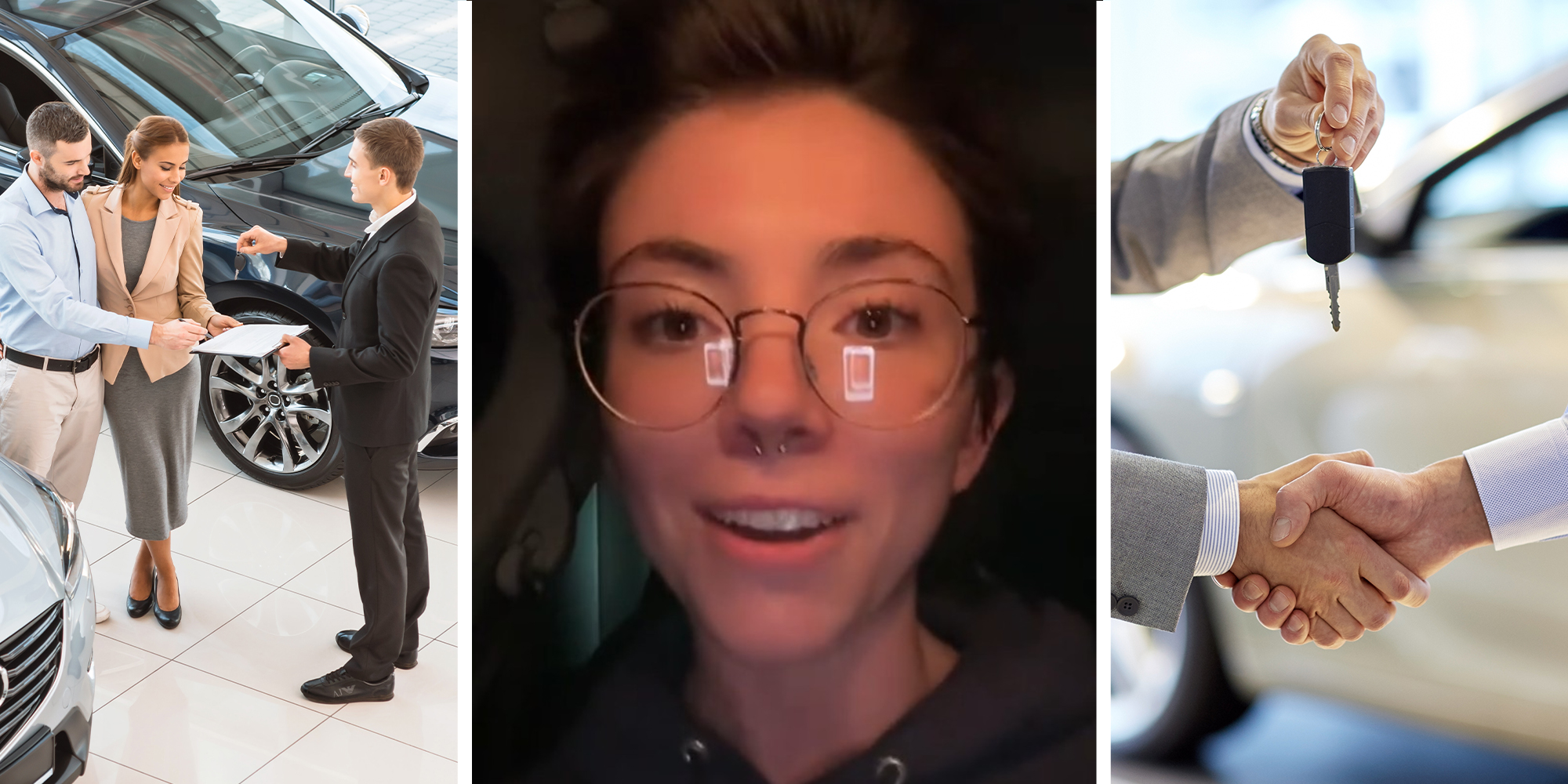 Couple signing car deal(l) Woman sharing car salesman tricks(c) Hand shake with key delivery(r)