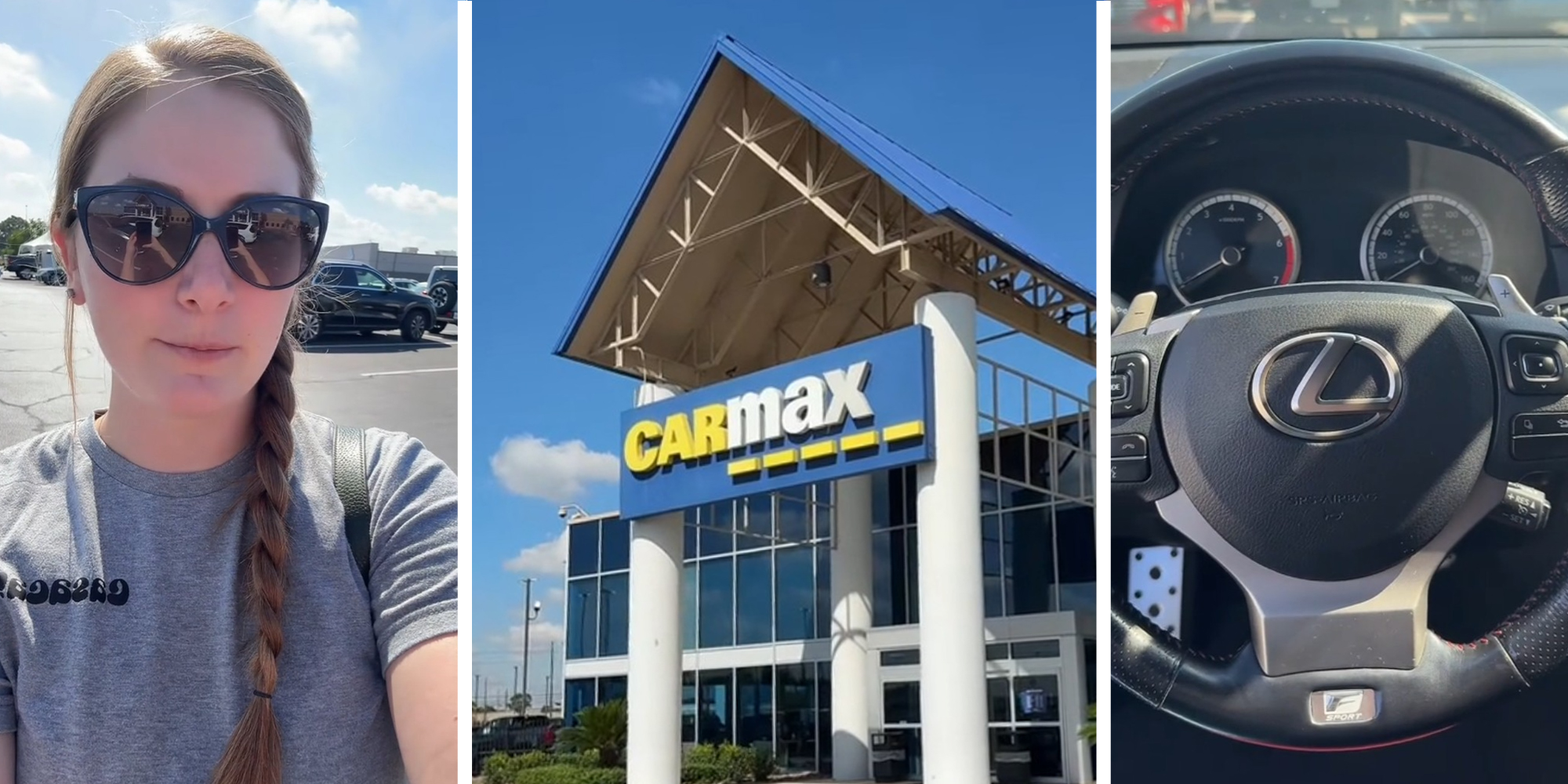 Woman at Carmax Lot(l) Carmax Store Sign(c) Lexus Steering Wheel(r)
