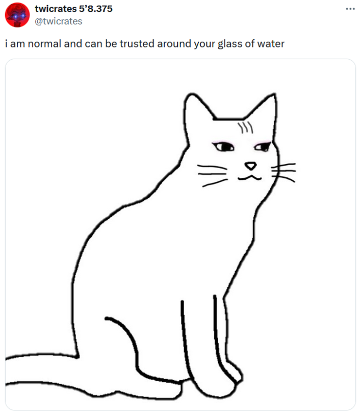 Catjak meme reading "i an normal and can be trusted around your glass of water."
