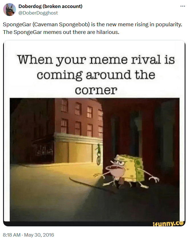 Caveman SpongeBob meme about facing your rival.