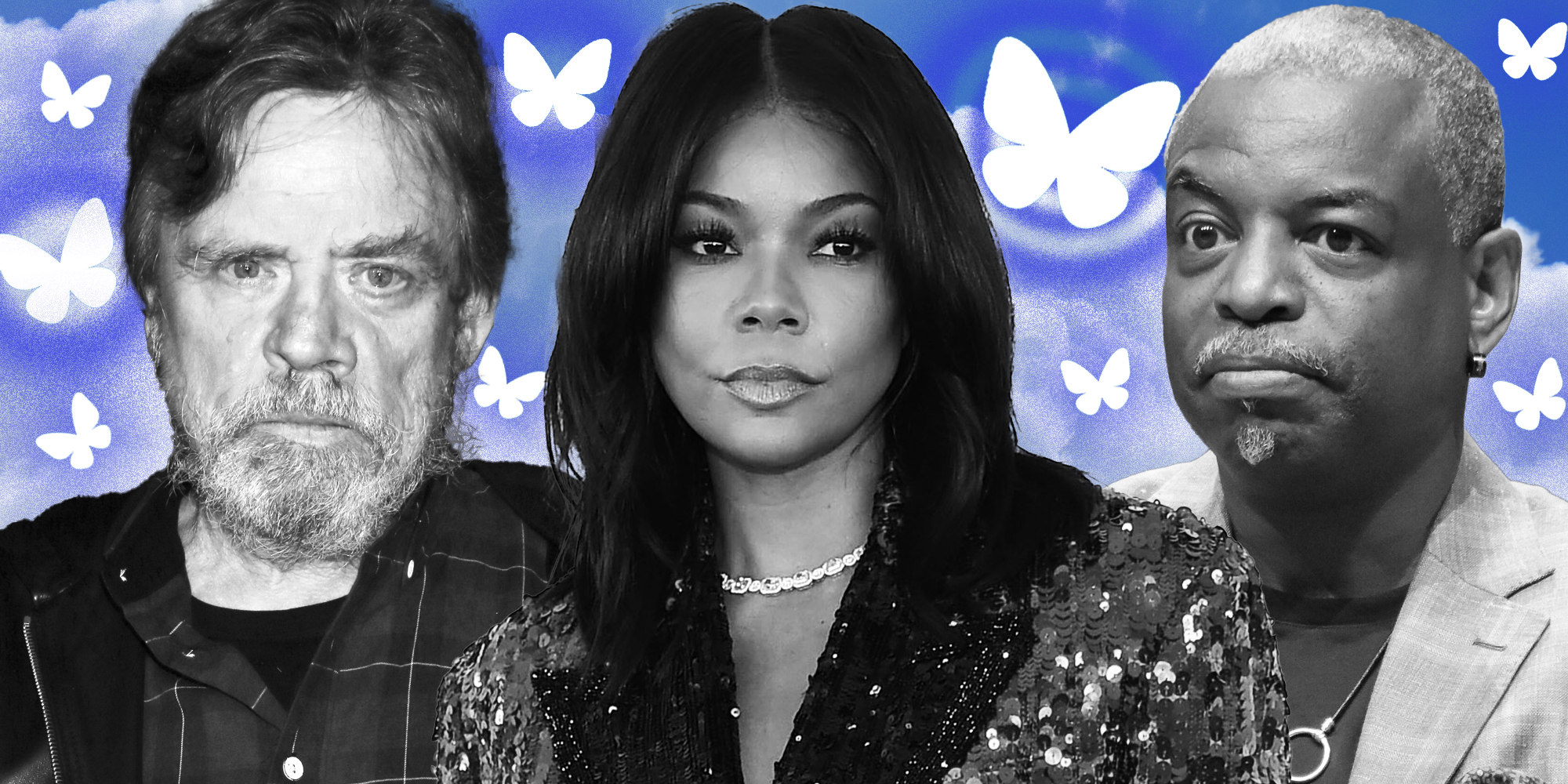 Mark Hamill(l), Gabrielle Union(c), Levar Burton(r), surrounded with blue sky butterflies