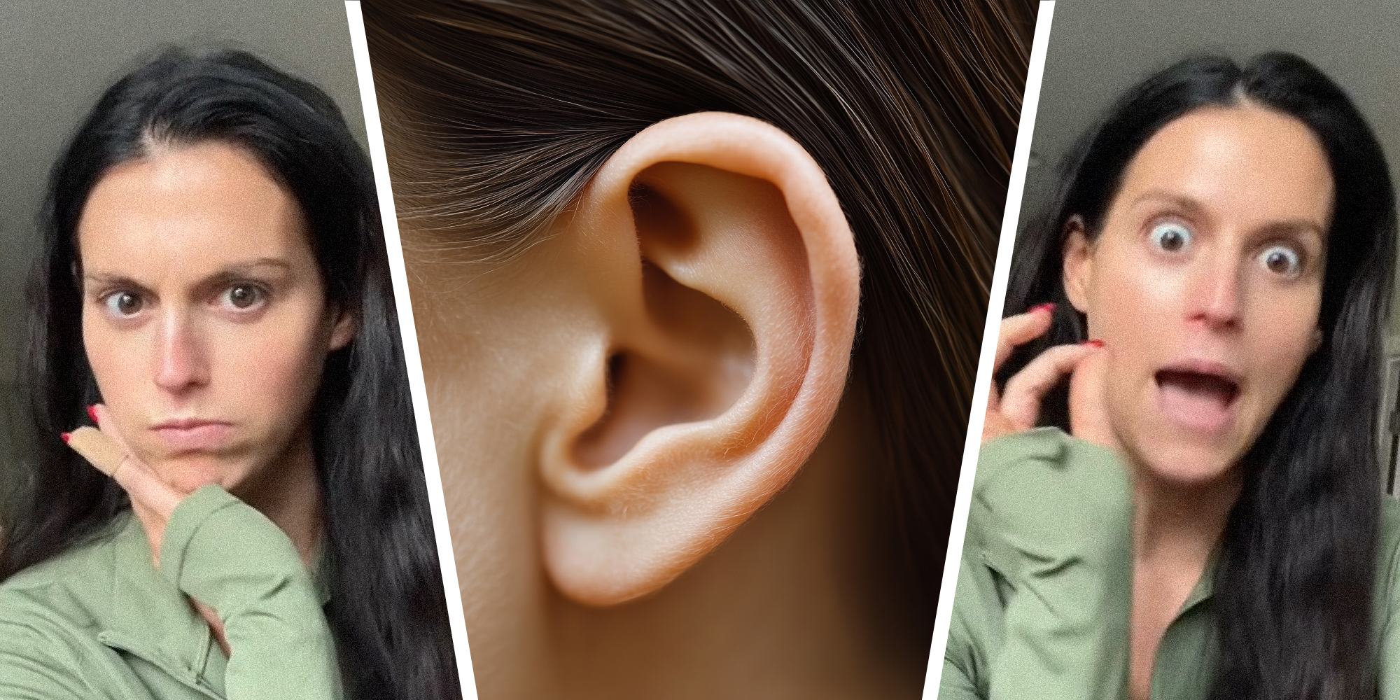 3 panel image. On the sides is a woman explaining something emphatically. In the middle is a stock photo of an ear.