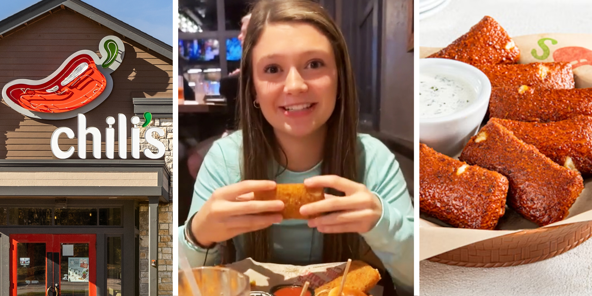 Chili's storefront(l), Woman holding mozzarella stick(l), Basket of mozzarella sticks(R)