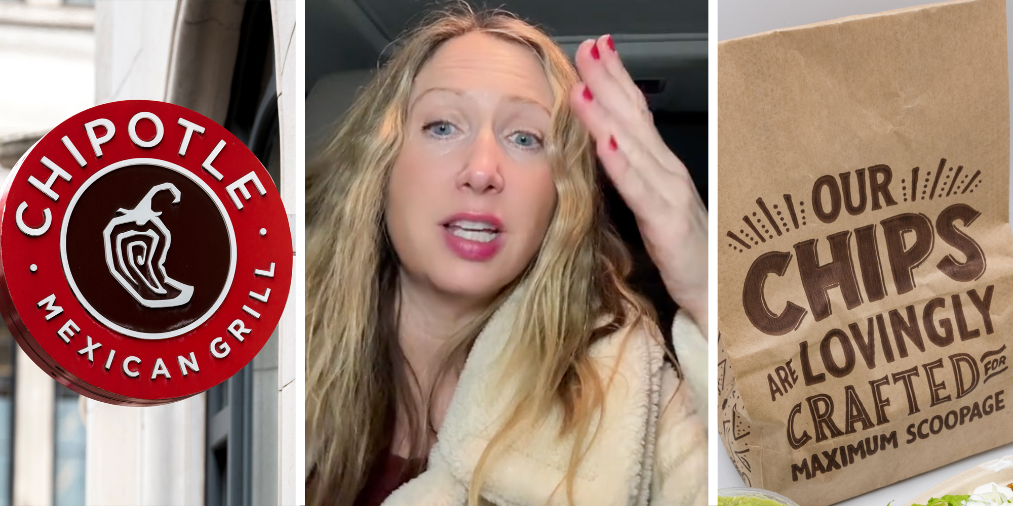 Chipotle sign(l), Woman talking(c), Chipotle bag of chips(r)