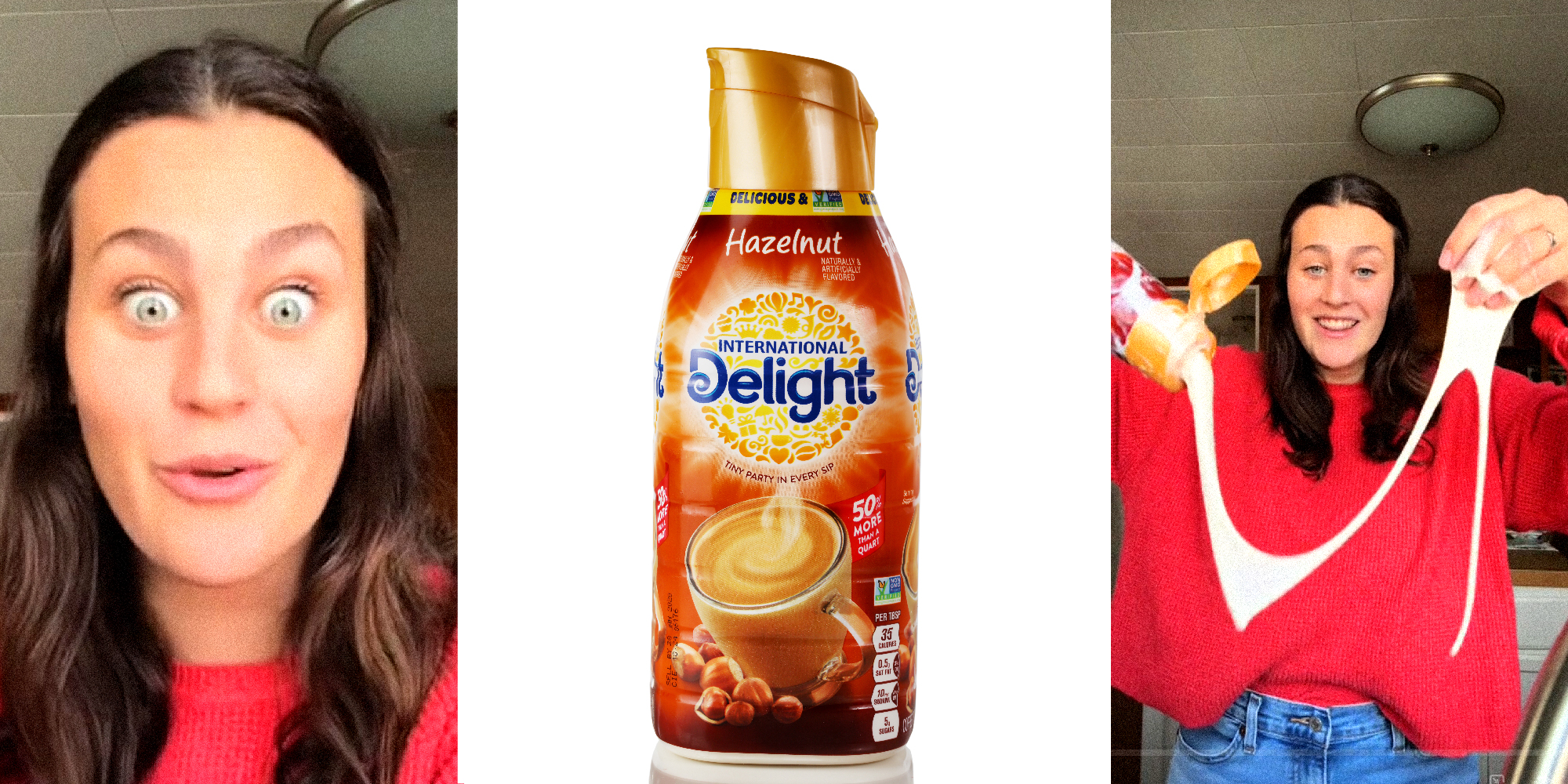3 panel image of a person holding a bottle of International Delight coffee creamer. They pull a slimy white thread out of the bottle.
