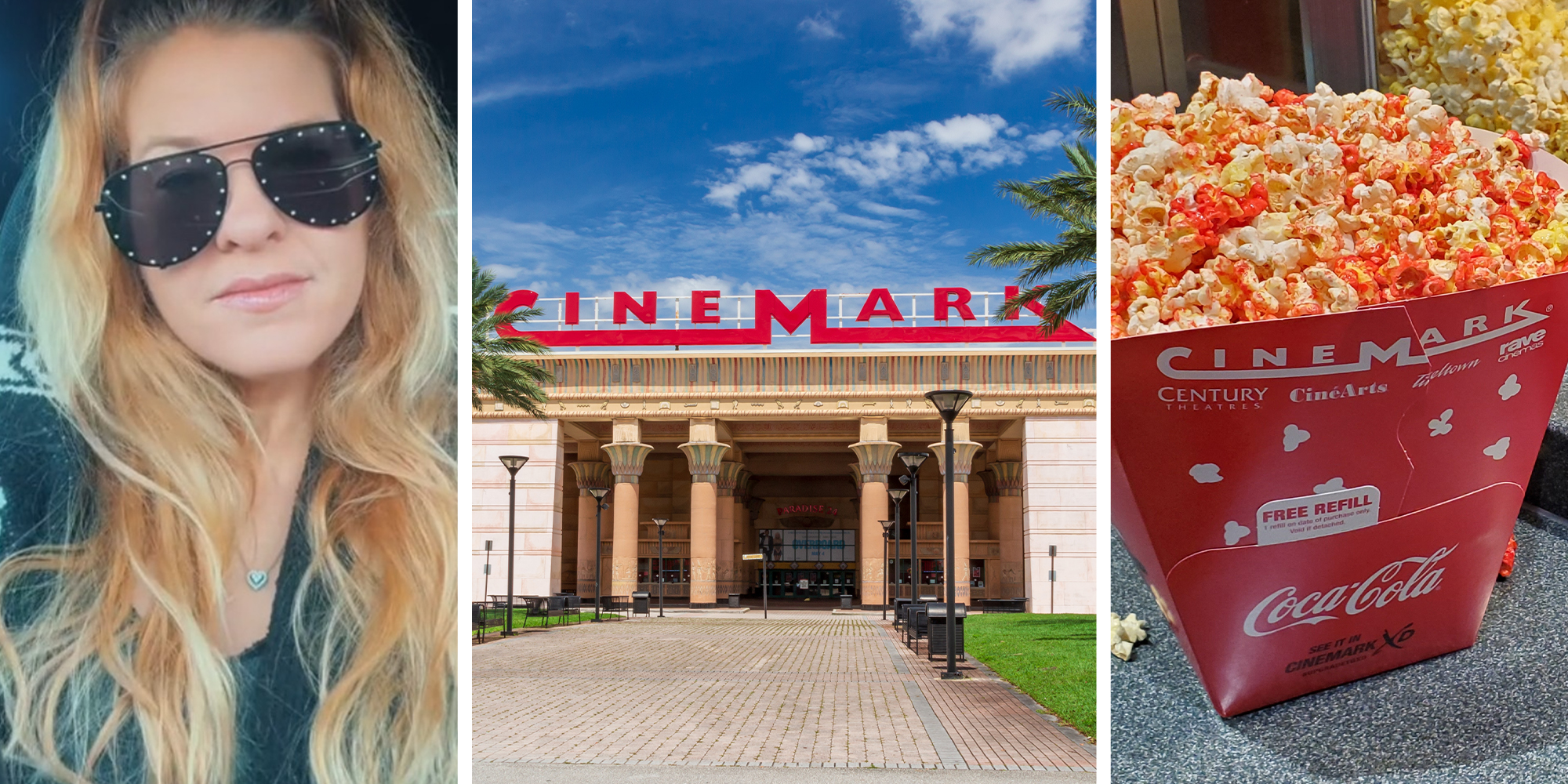 Woman wearing sunglasses(l) Cine Mark Entrance(c) Cinemark pop corn(r)