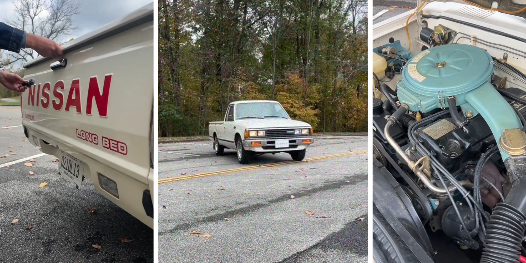 Nissan Brand on Tailgate of older pickup(l) Classic Nissan Pickup(c) Classic Nissan Engine(r)