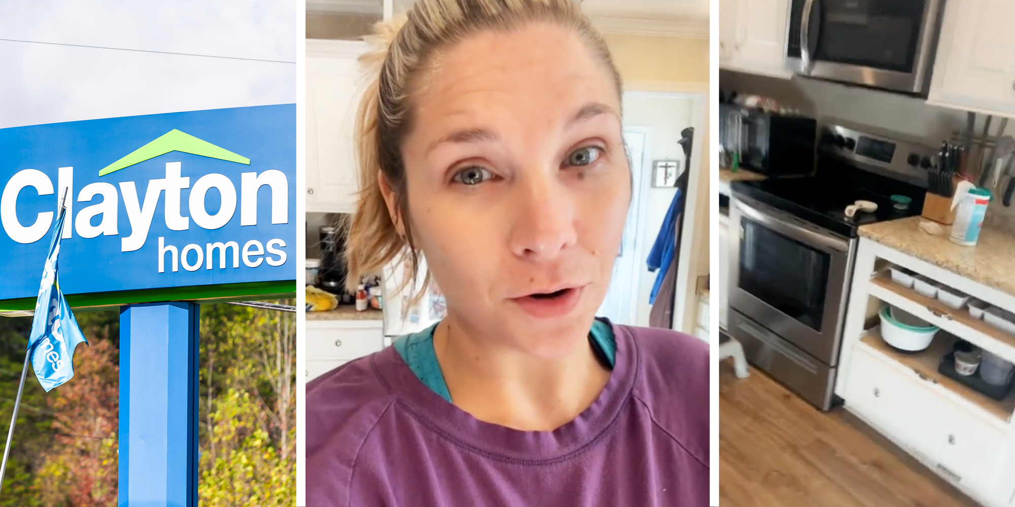 Clayton homes sign(l), Woman talking(c), Kitchen(r)