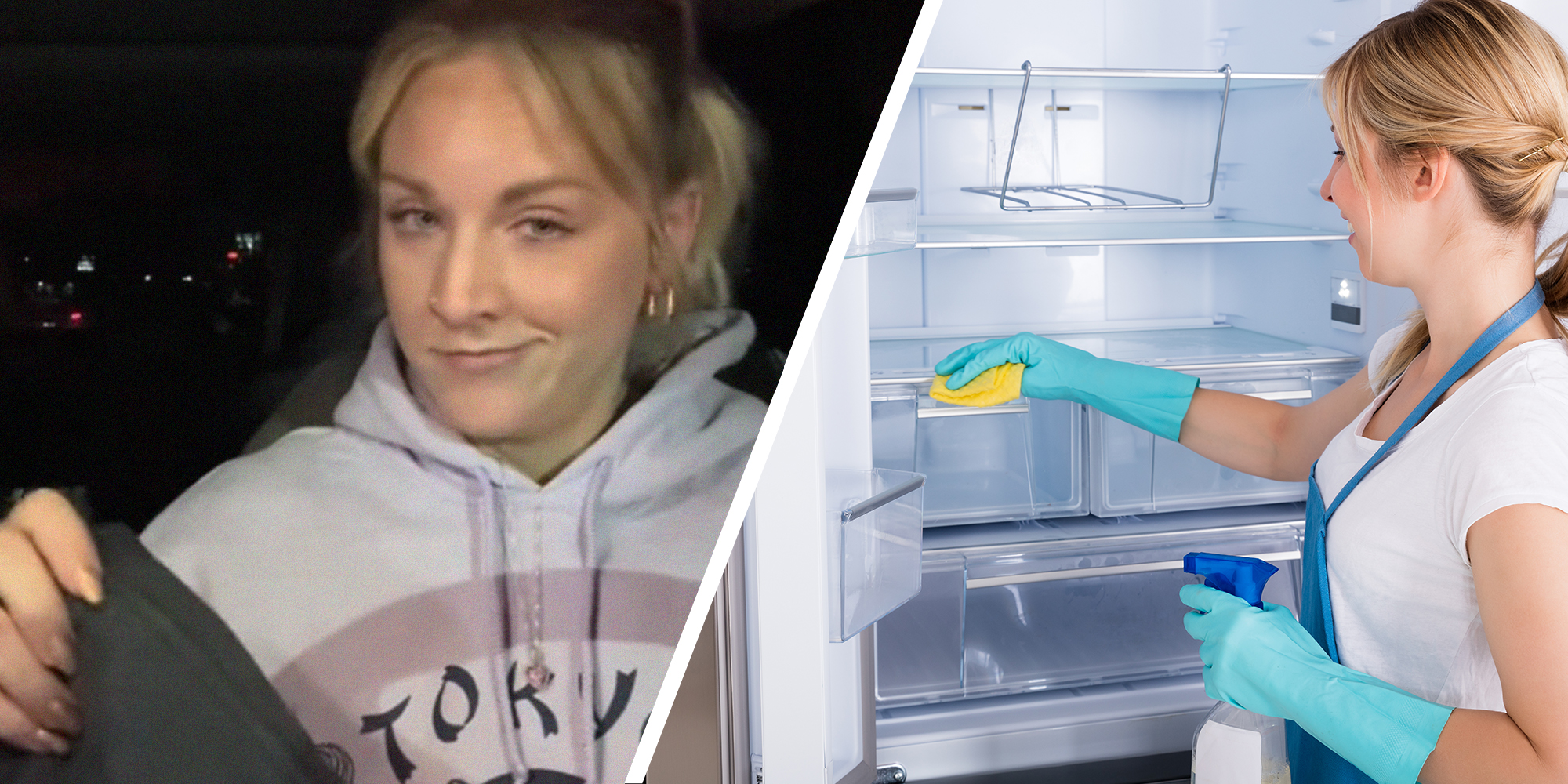 Woman smirking(l) Woman cleaning fridge(r)