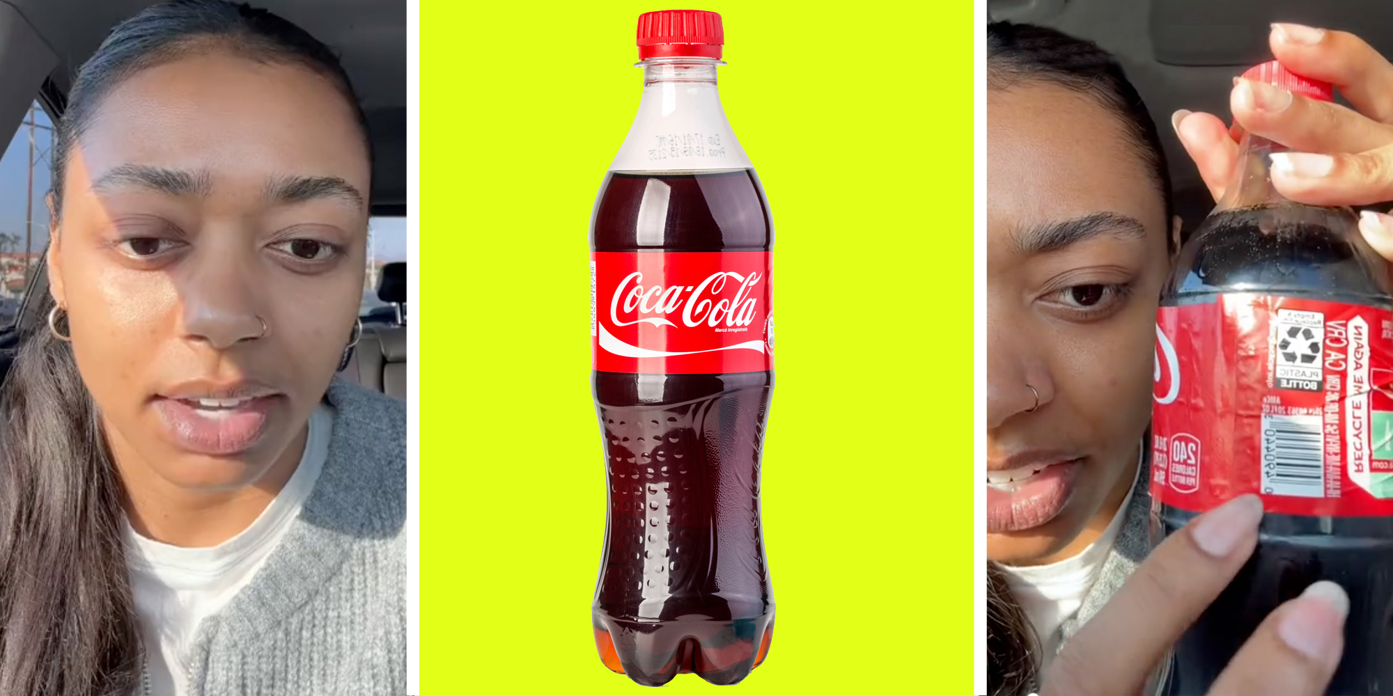 Woman talking(l), Coca cola bottle(c), Woman holding coke bottle(r)
