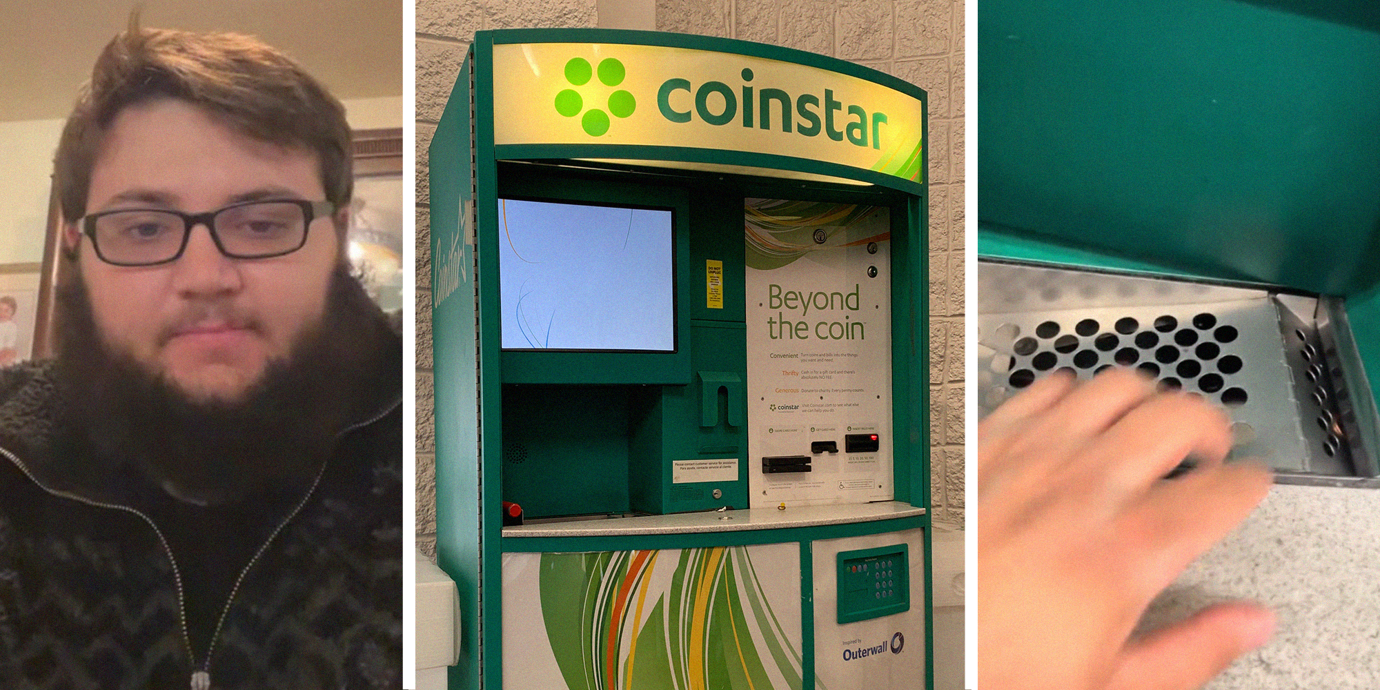 Man sharing what happens when you put a penny on a Coinstar machine(l) CoinStart Machine(c) Man putting in Penny on Coinstar(r)