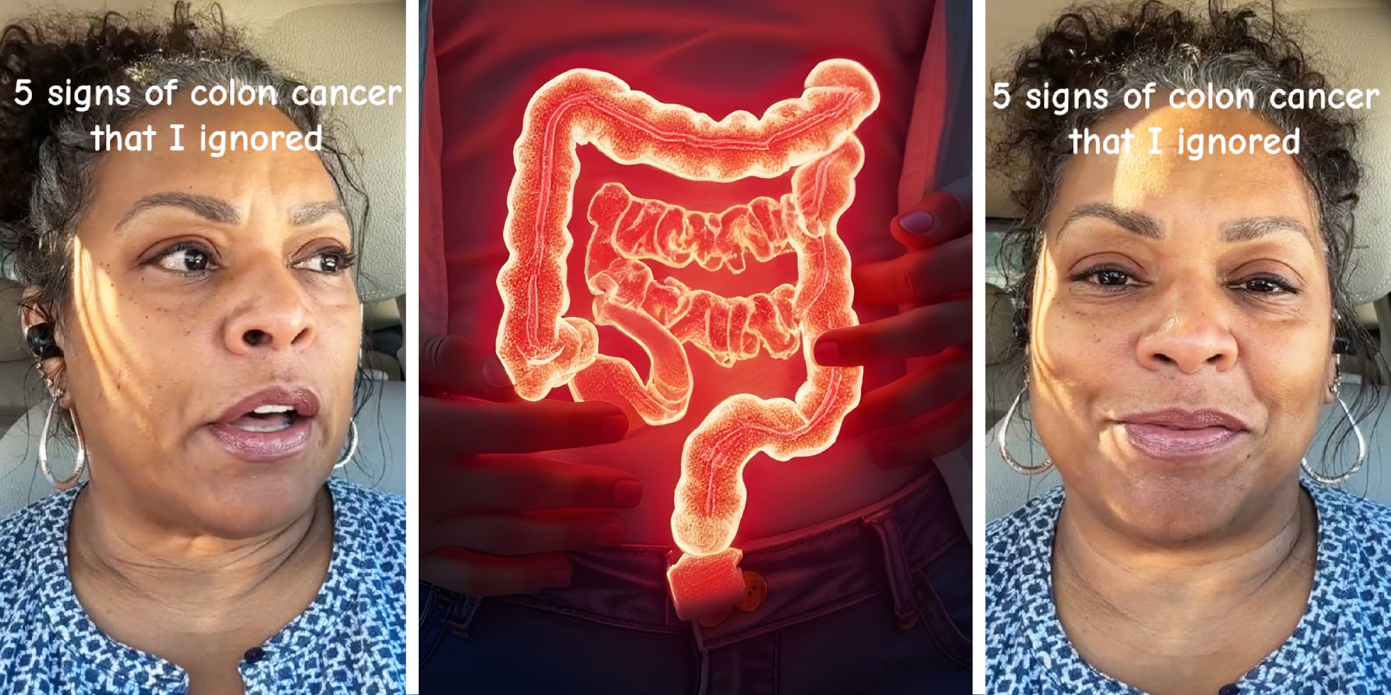 3 panel image. On the sides a person speaks to camera in their car. In the middle panel an illustration of a glowing colon ala x-ray.