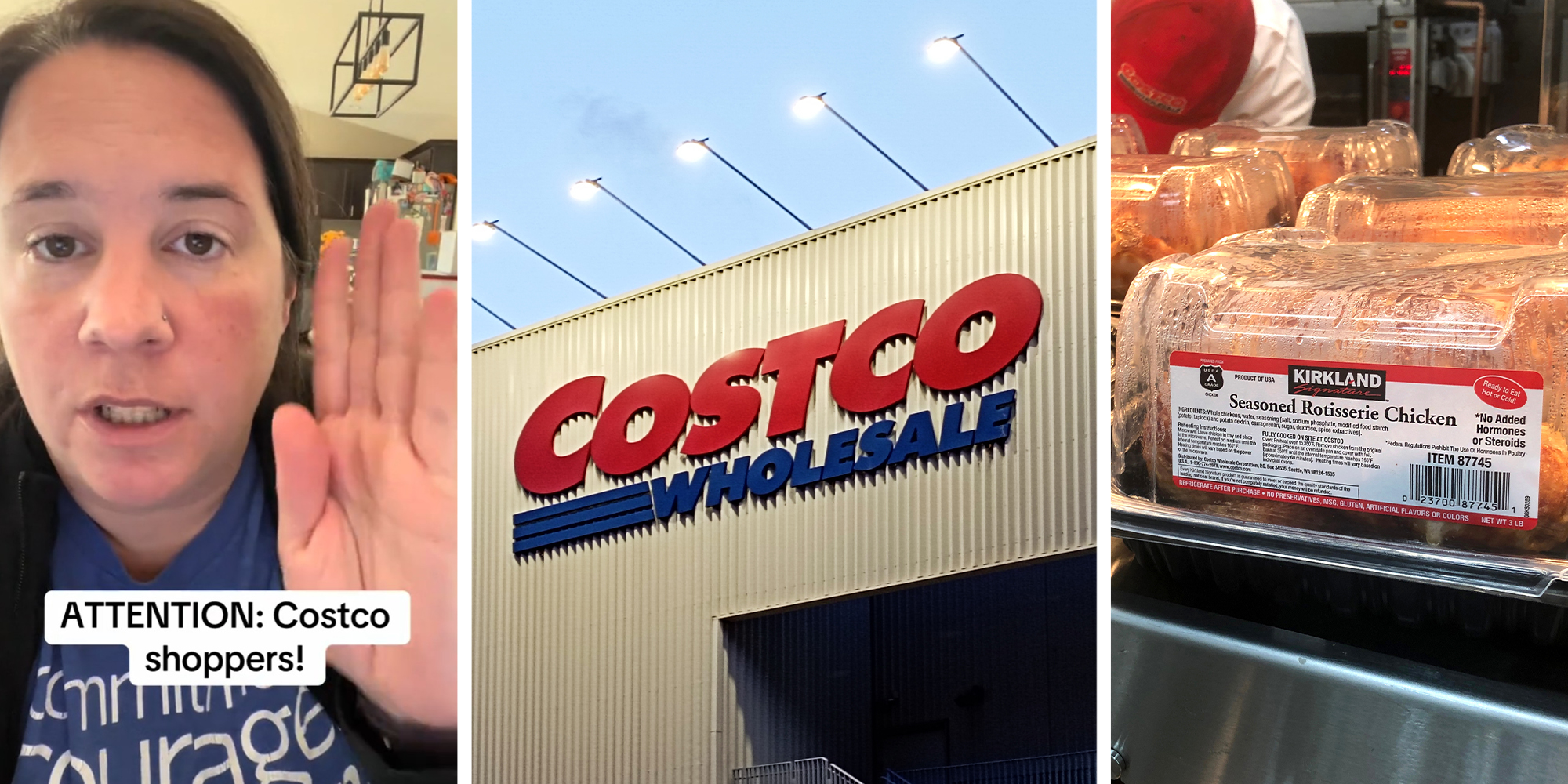 Woman sharing warning about Costco(l) Costco Store Front(c) Costco rotisserie Chicken(r)