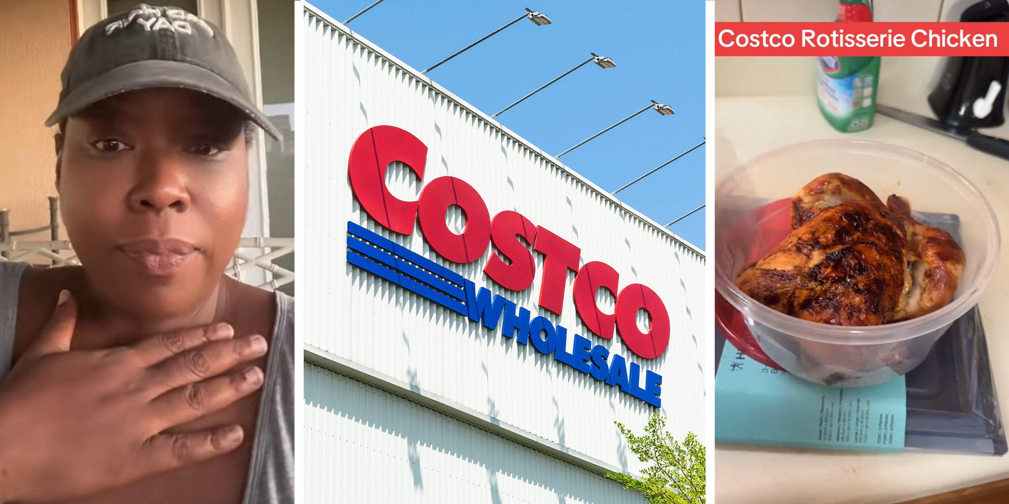 Costco Shopper Shocked(l) Costco Store Front(c) Costco Chicken(r)