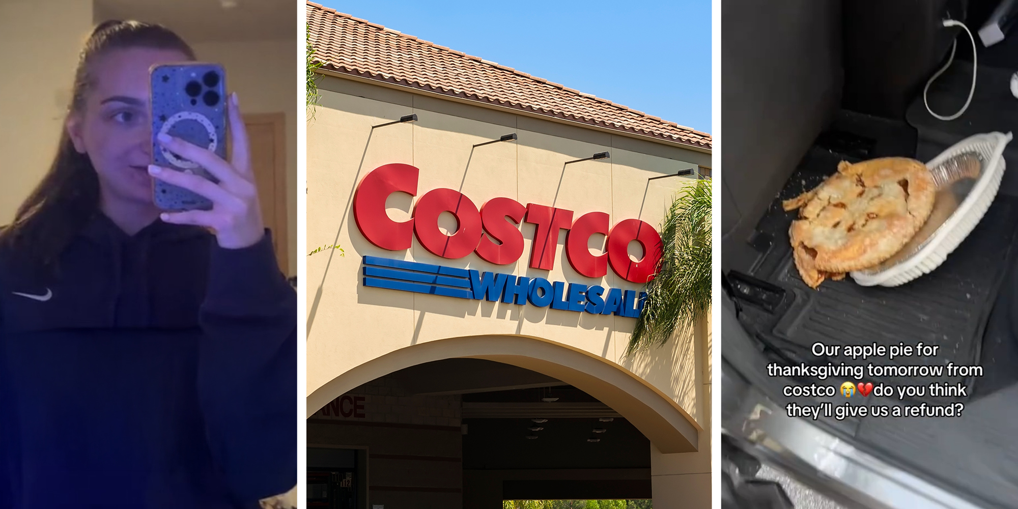 Woman taking a selfie (l) Costco wholesale store sign(c) Fallen Pie(r)