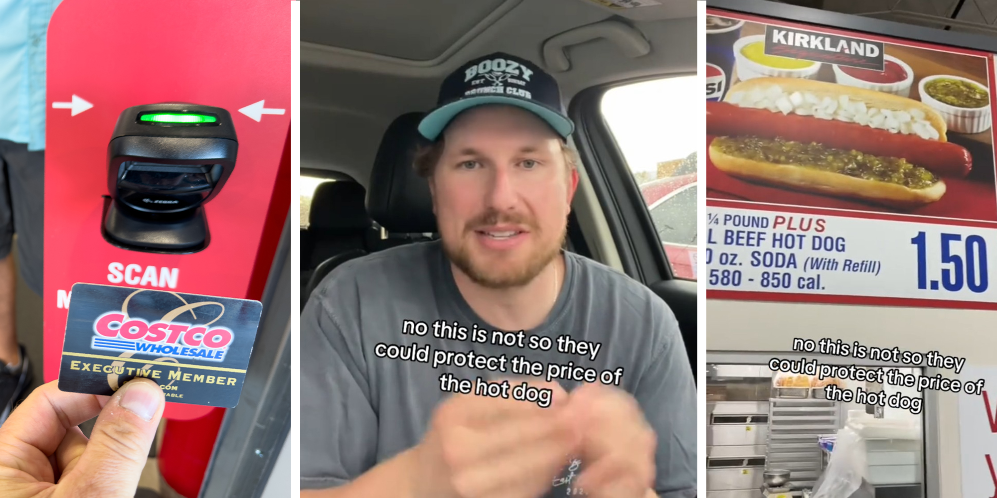 Costco Membership card being scanned(l) Man Sharing the reason reason for scanning Costco Card(c) Costco Hotdog sign(r)