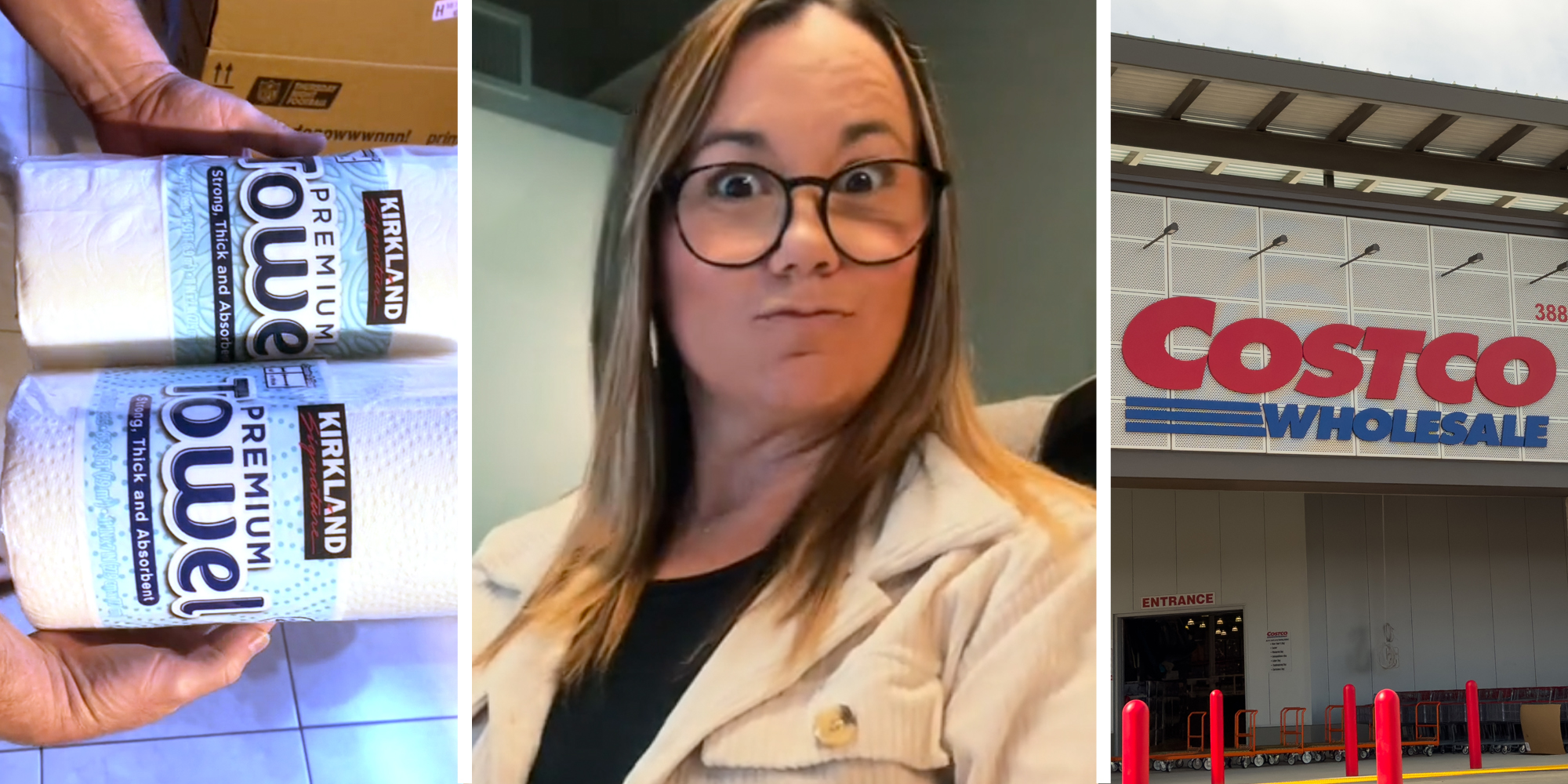 Hands holding two rolls of kirkland paper towels(l), Woman looking annoyed and shocked(c), Costco storefront(r)