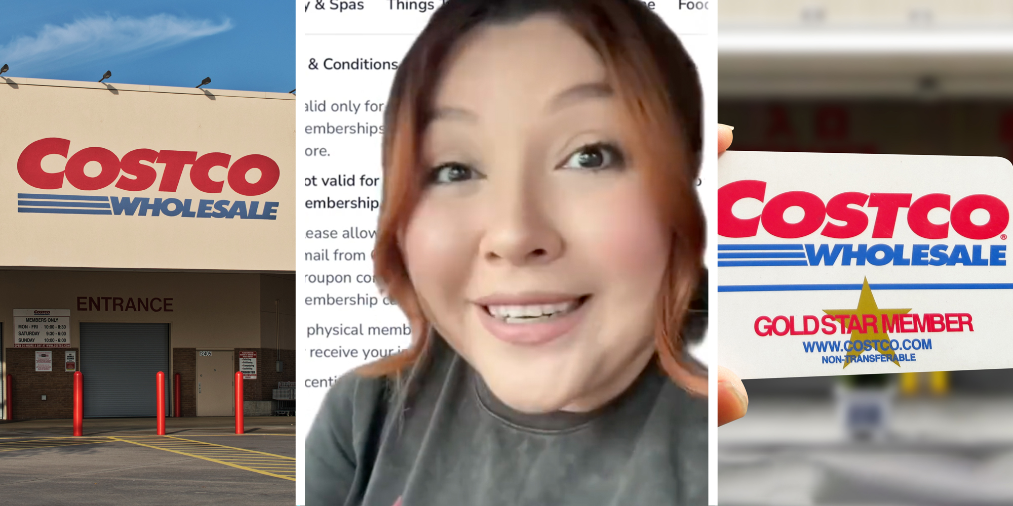 Costco storefront(l), Woman talking(c), Costco memmbership card(r)