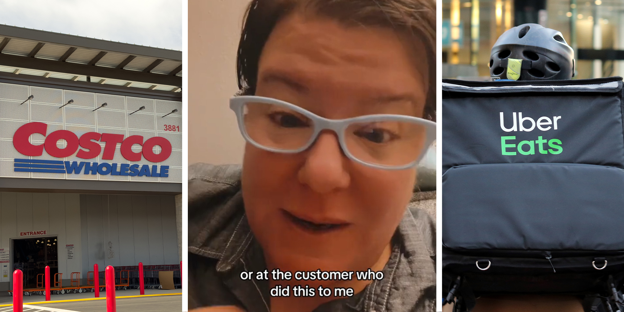 Costco Wholesale Store Front(l) Woman shares what happened to her after doing her uber eats run(c) Uber Eats Delivery(r)