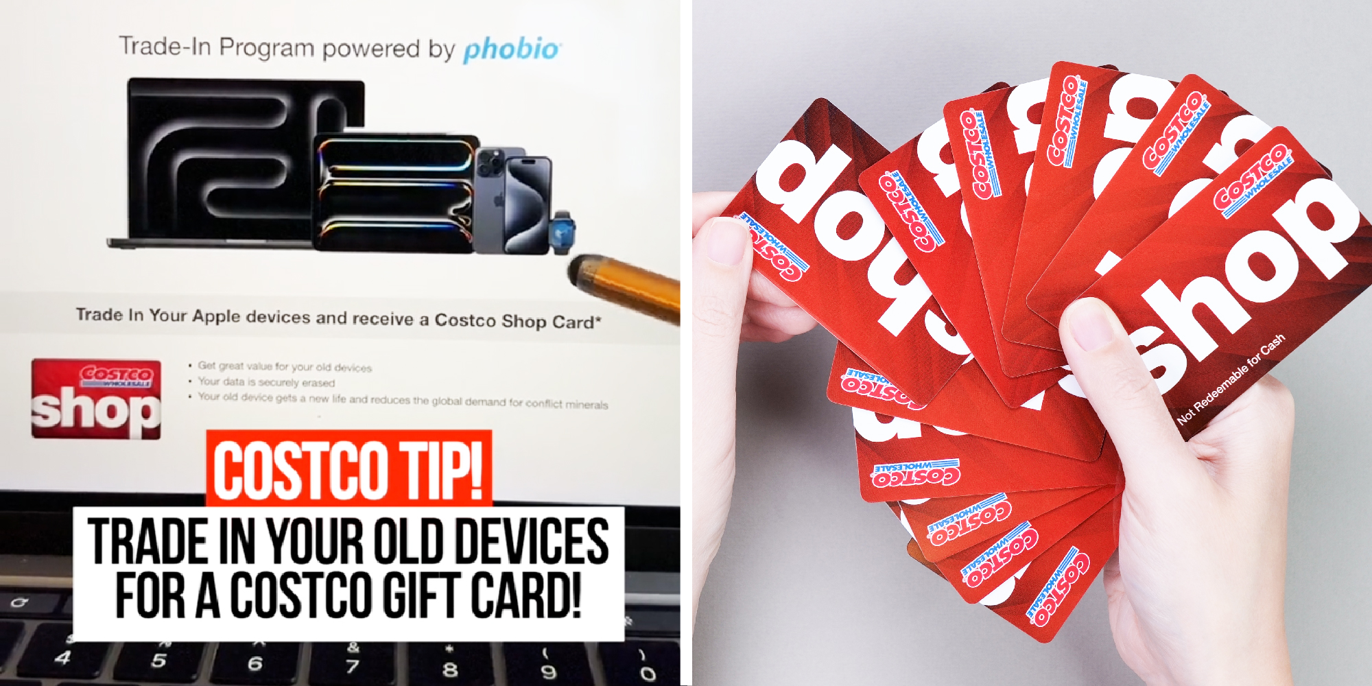 Slit screen image of how to trade in old electronics for a gift card.