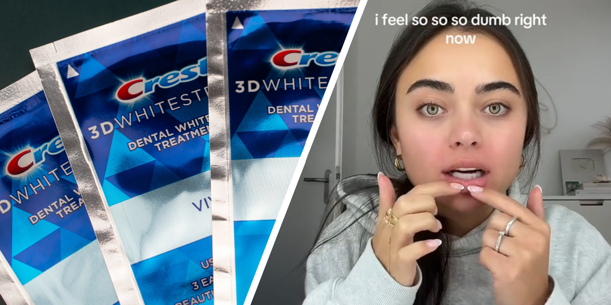 Crest Whitening Strips(l) Woman pulling down her lips(r)