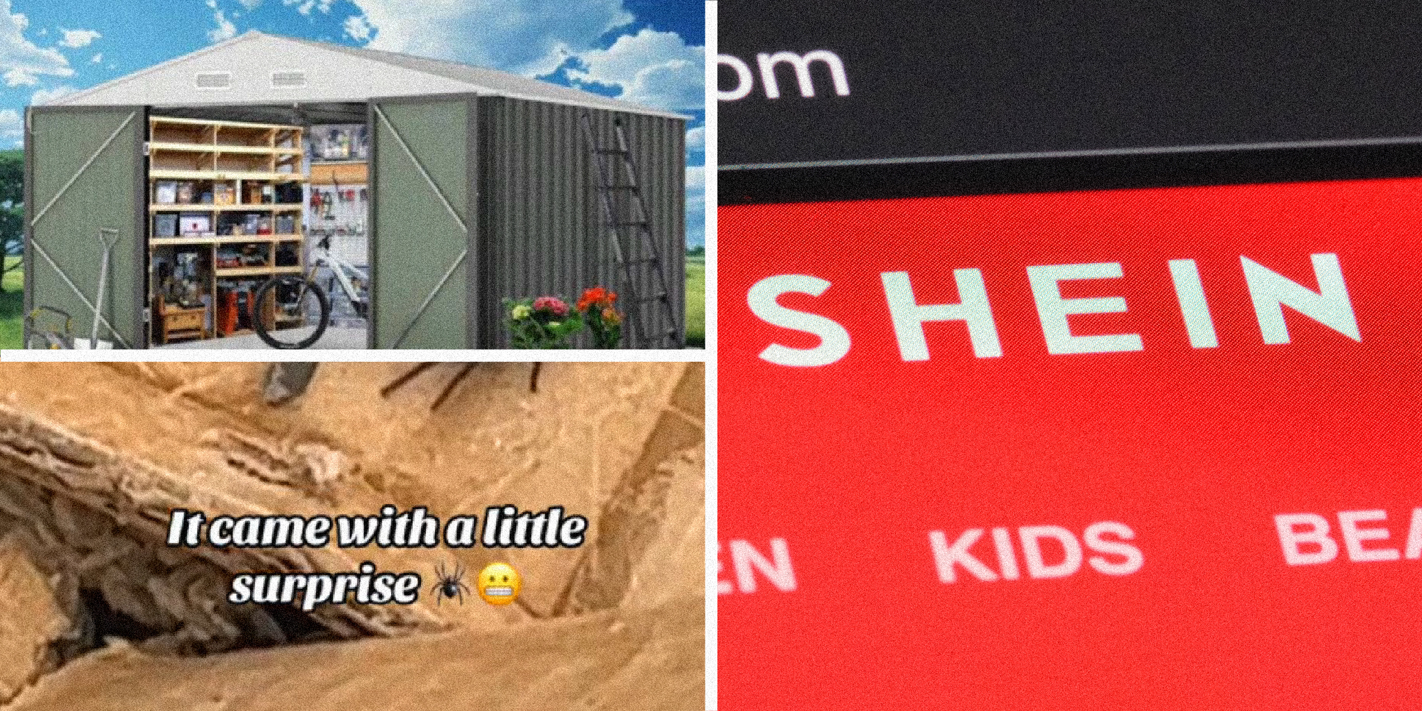 3 panel image showing a shed, a close up of a box with the text, "It came with a little surprise" over it, and a close up of the shein logo on the shopping website.