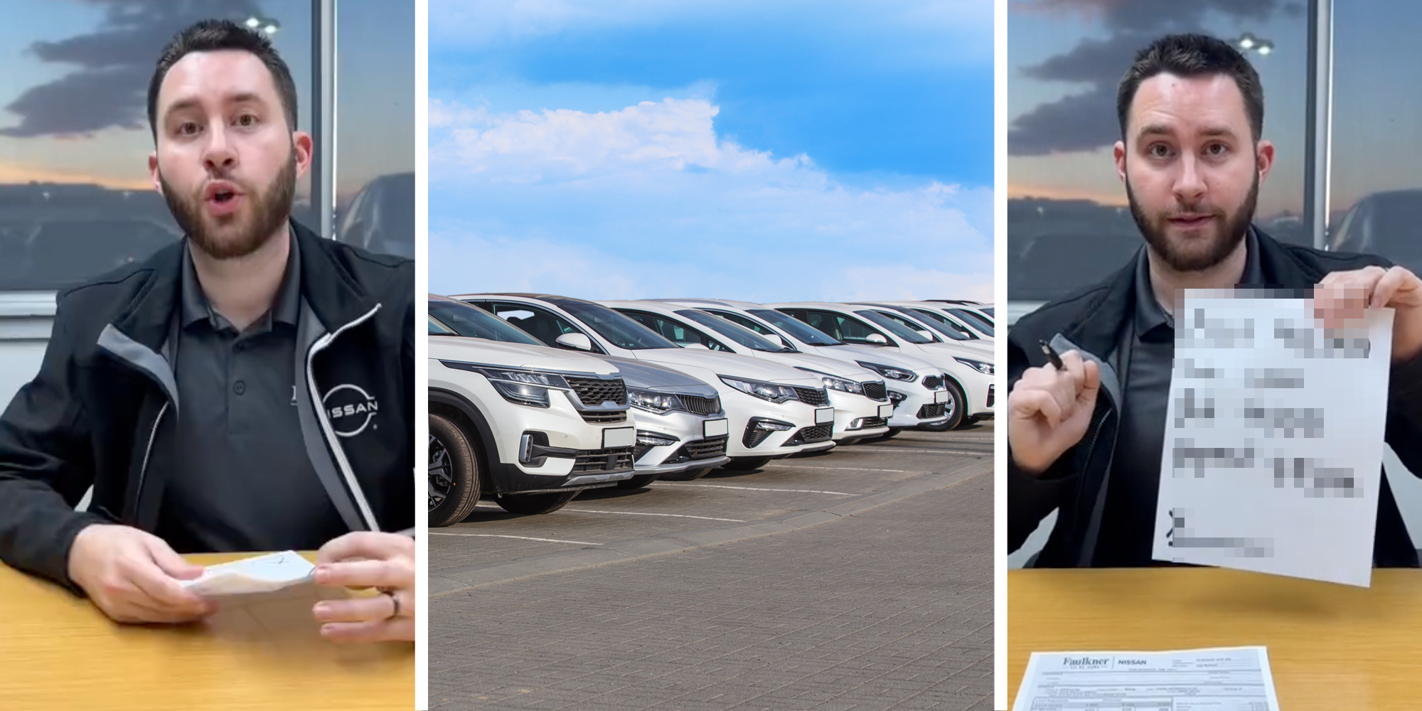 Man talking(l), Cars in parking lot(c), Man holding pixelated document and pen(r)