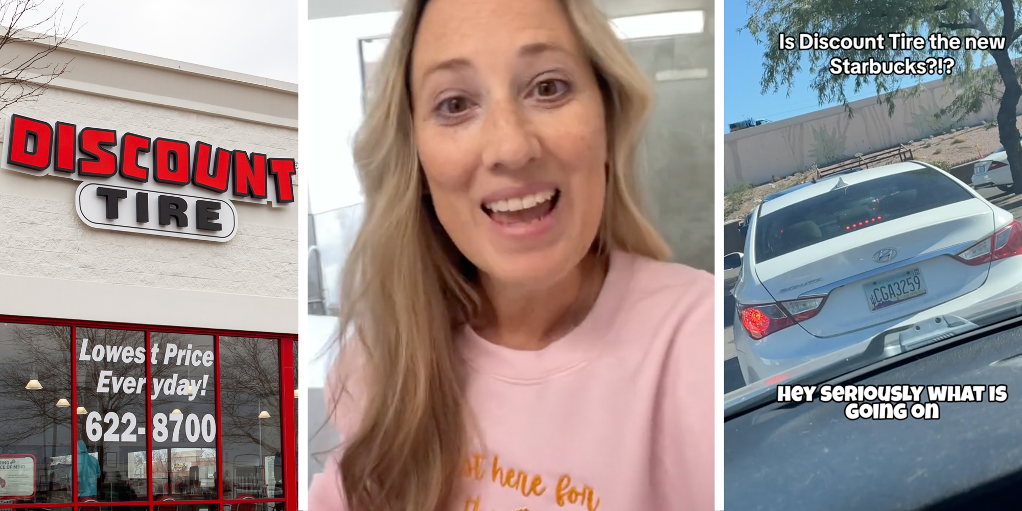 Discount Tire(l), Woman talking(c), Cars waiting in line with text that says "Is discount tire the new starbucks?!? Hey Seriously what is going on"(r)