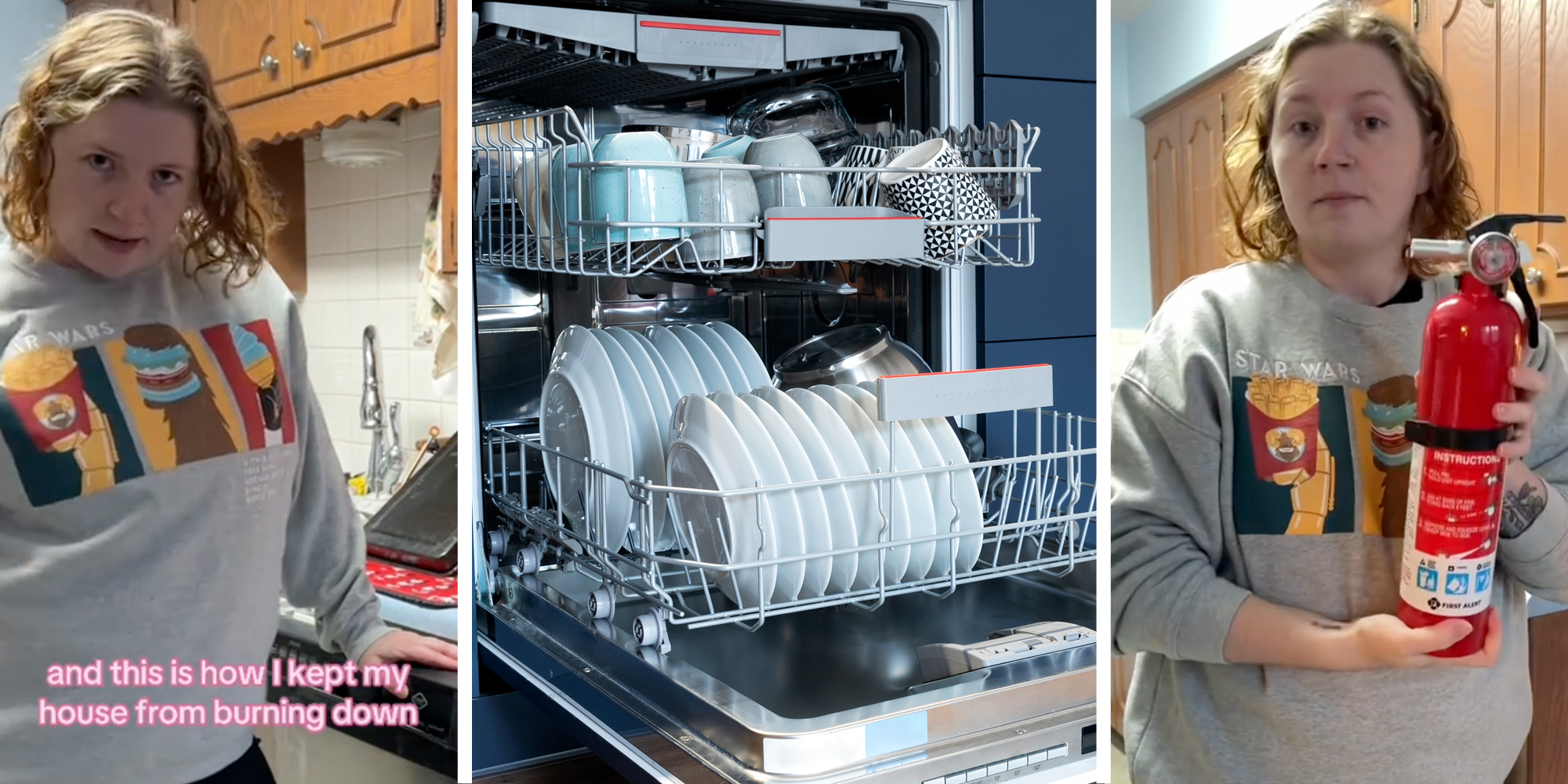 Woman talking with text that says "and this is how I kept my house from burning down"(L), Dishwasher full of dishes(c), Woman holding fire extinguisher(r)