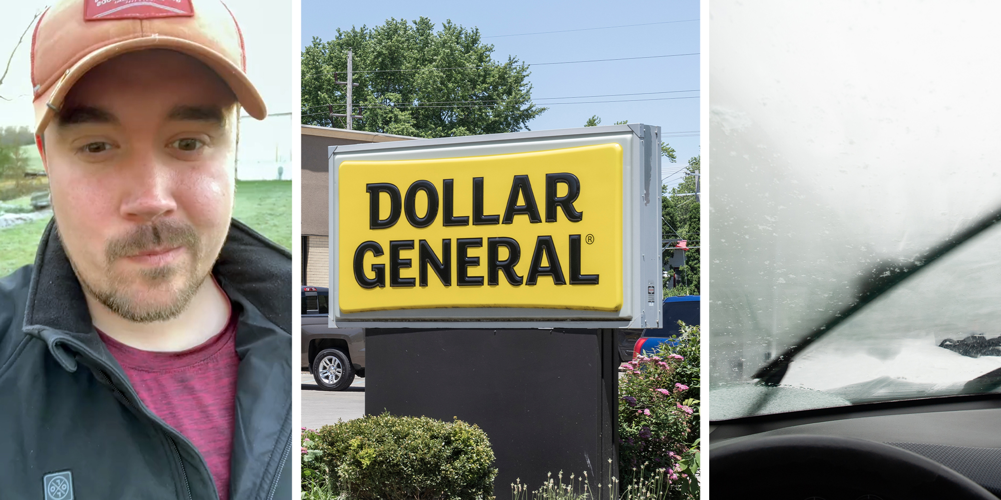 TikToker Sharing Dollar General Product tips(l) Dollar General Sign(c) Foggy Windshield(r)