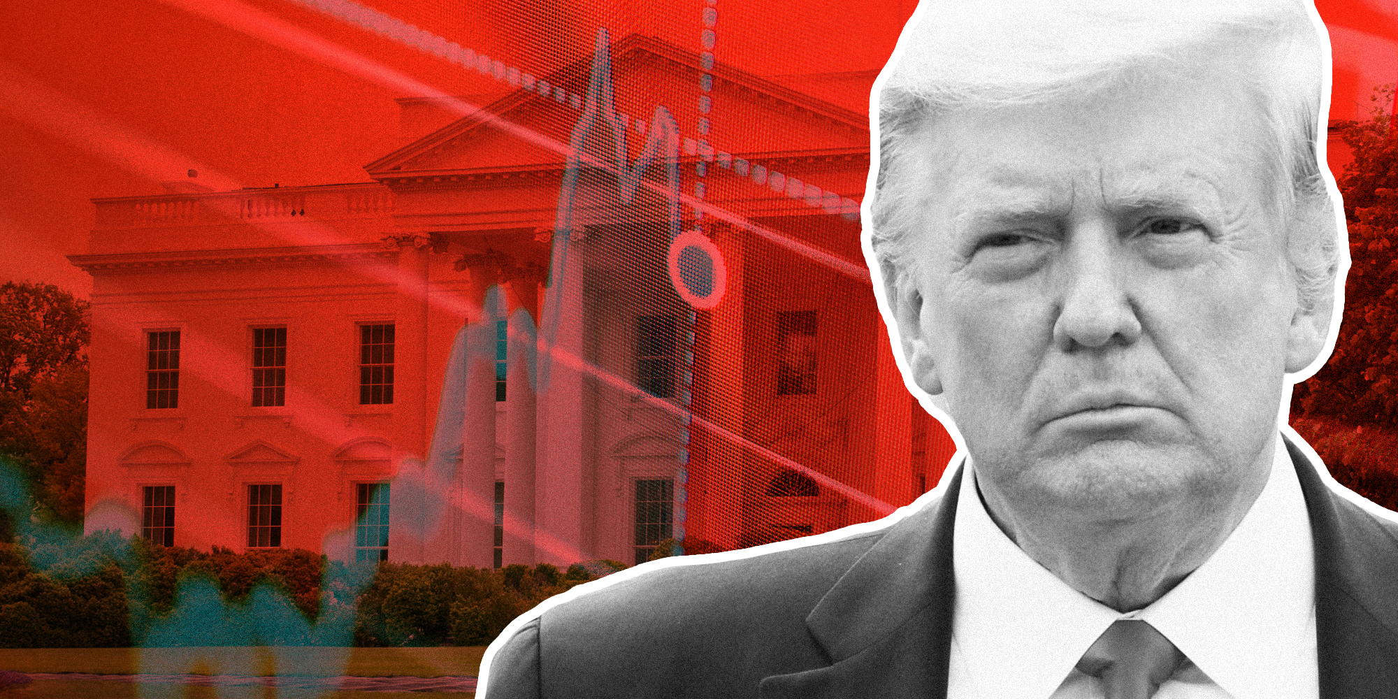 Donald Trump over white house and stock market graphic