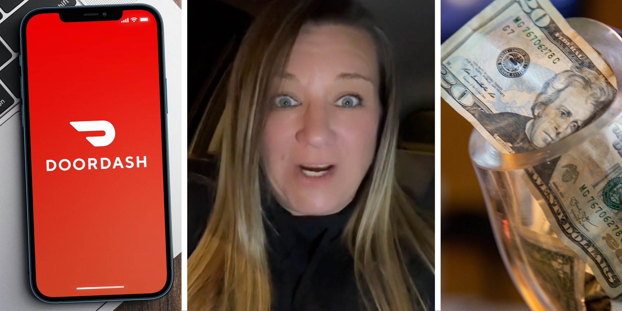 Doordash app on phone(l), Woman talking(c), Money in jar(r)
