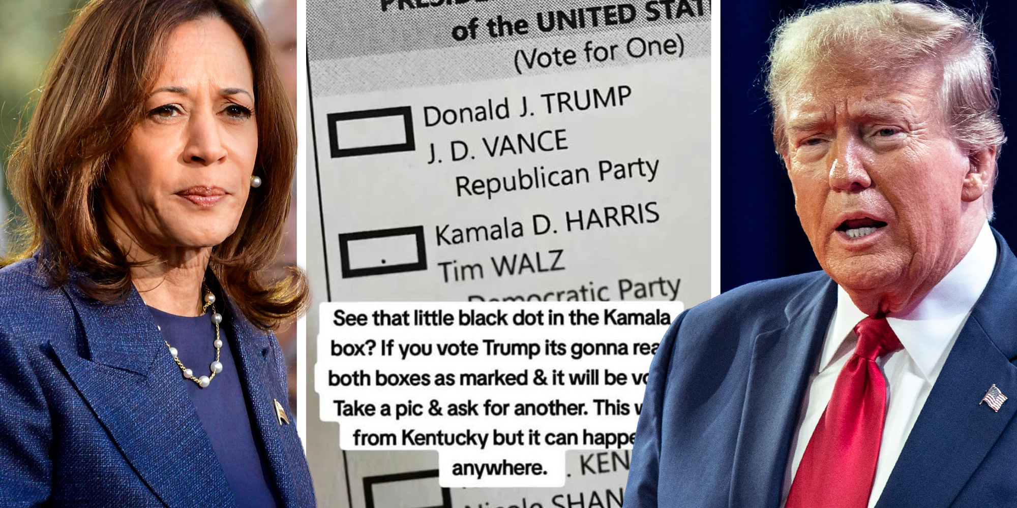 Kamala Harris(l), Ballot with Dot in next to Kamala Harris with text that says "See that little black dot in the kamala box? If you vote Trump its gonna read both boxes as marked & it will be void. Take a pic & ask for another. This was from Kentucky but it can happen anywhere"(c), Donald Trump looking shocked(r)