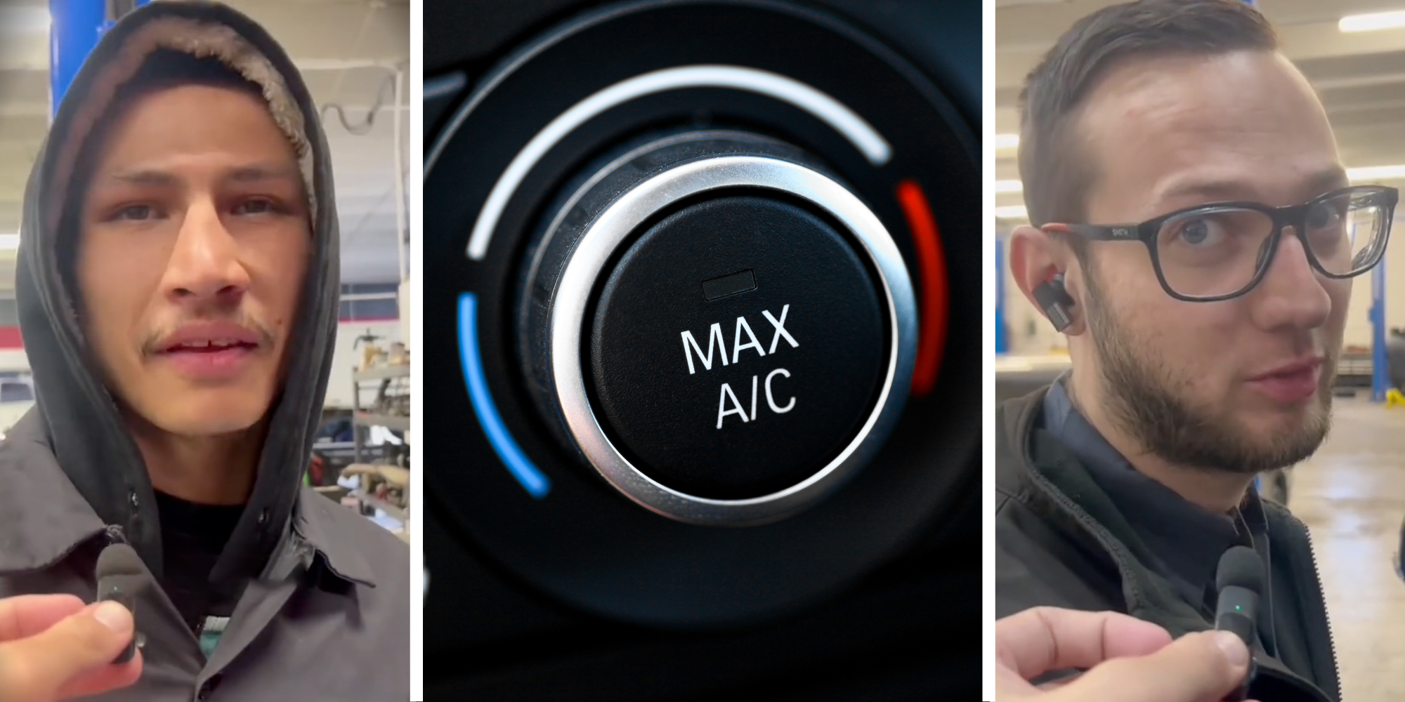 Man 1 talking(l), Air conditioning knob(c), Man 2 talking(r)