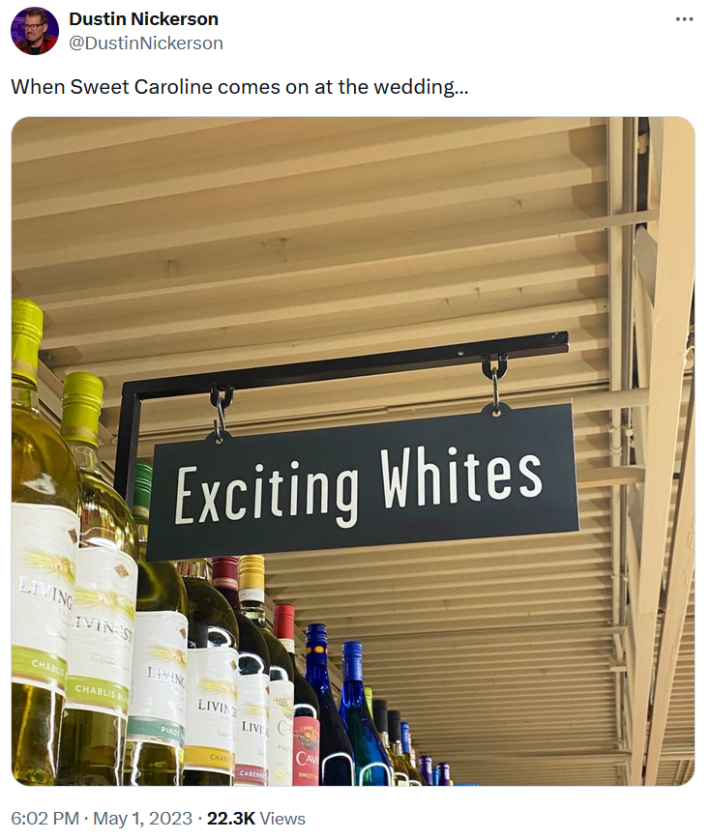 Exciting Whites meme about "Sweet Caroline" playing at a wedding.