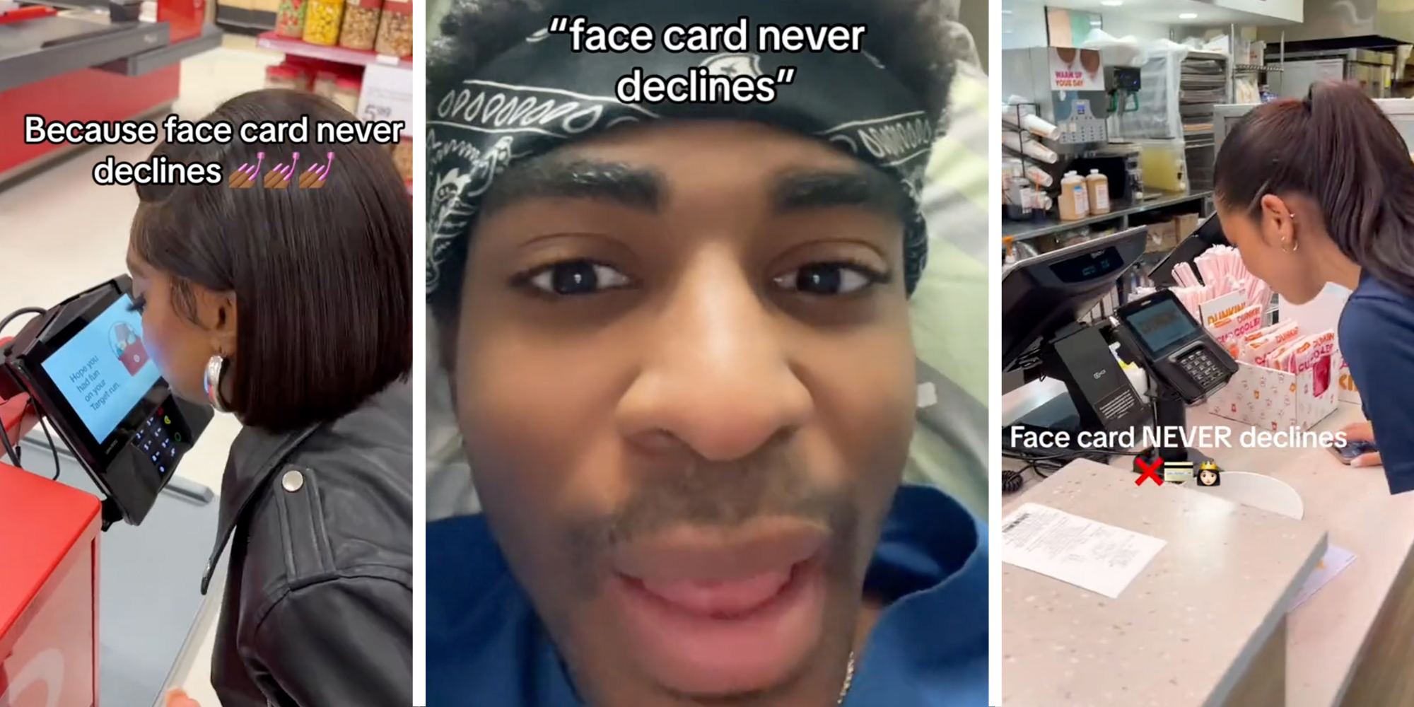 Woman putting her face up to card reader with text that says "because face card never declines"(l), Man talking with text that says "face card never declines"(c), Second woman putting face up to card reader with text that says "face card never declines"(r)