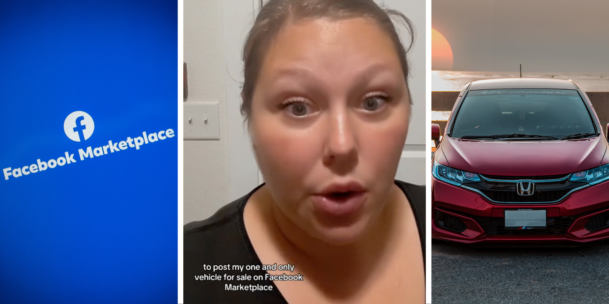 Facebook marketplace(l), Woman talking with text that says "to post my one and only vehicle for sale on Facebook Marketplace"(c), Car(r)
