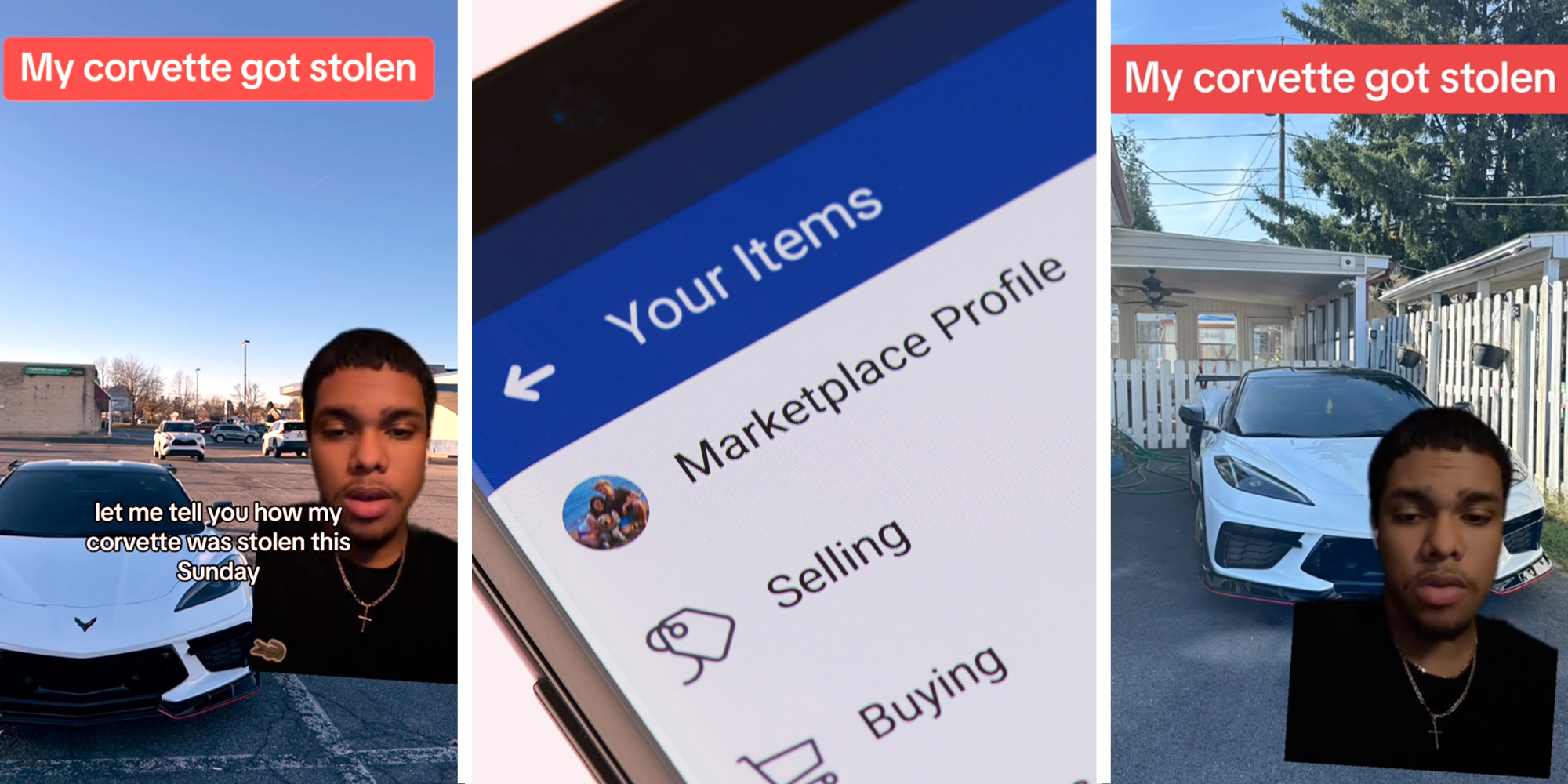 Man over greenscreen of white corvette(l+r), Facebook marketplace app on phone(c)
