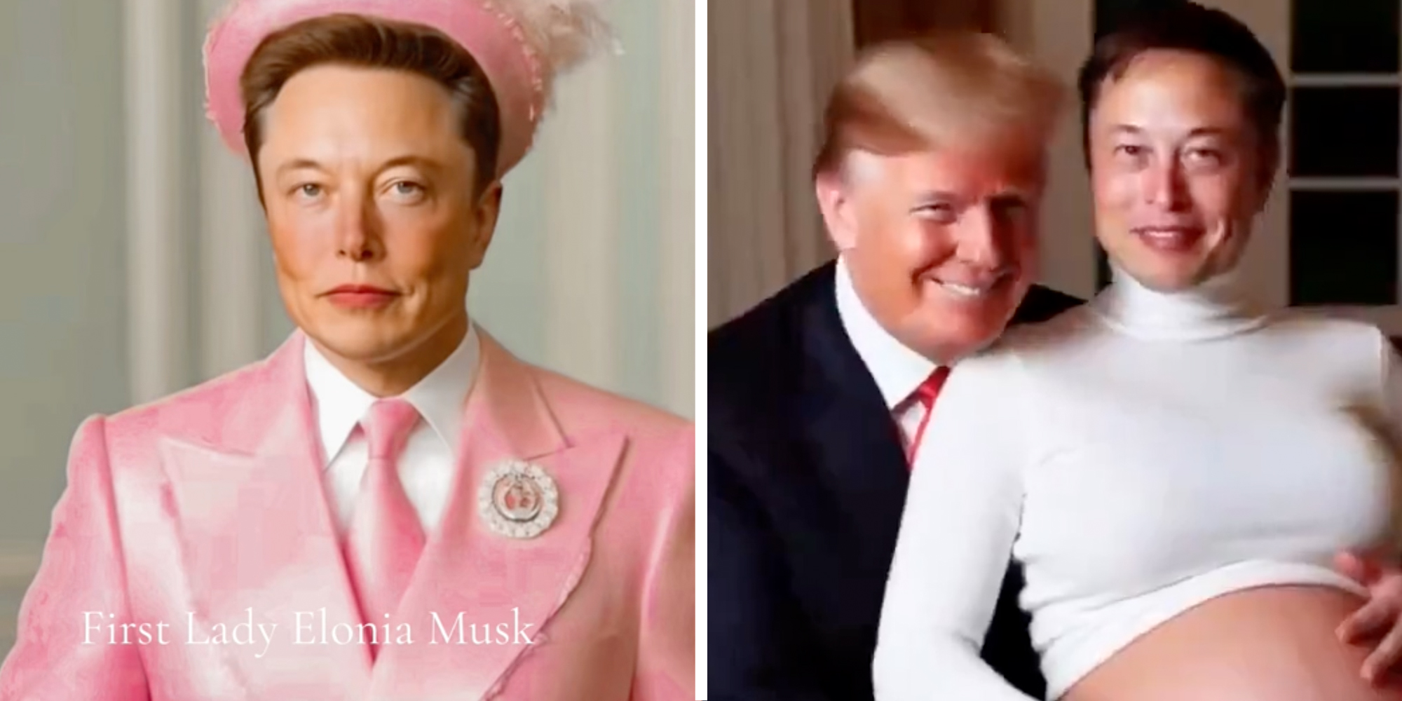 Elon Musk in a pink outfit(l), Donald Trump and Elon Musk as a woman holding each other(r)