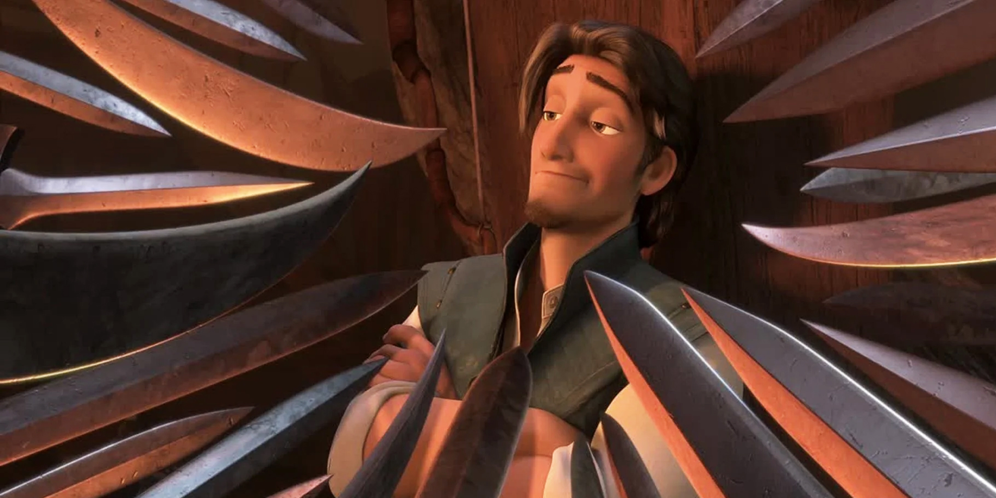 Flynn Rider with swords pointed at him