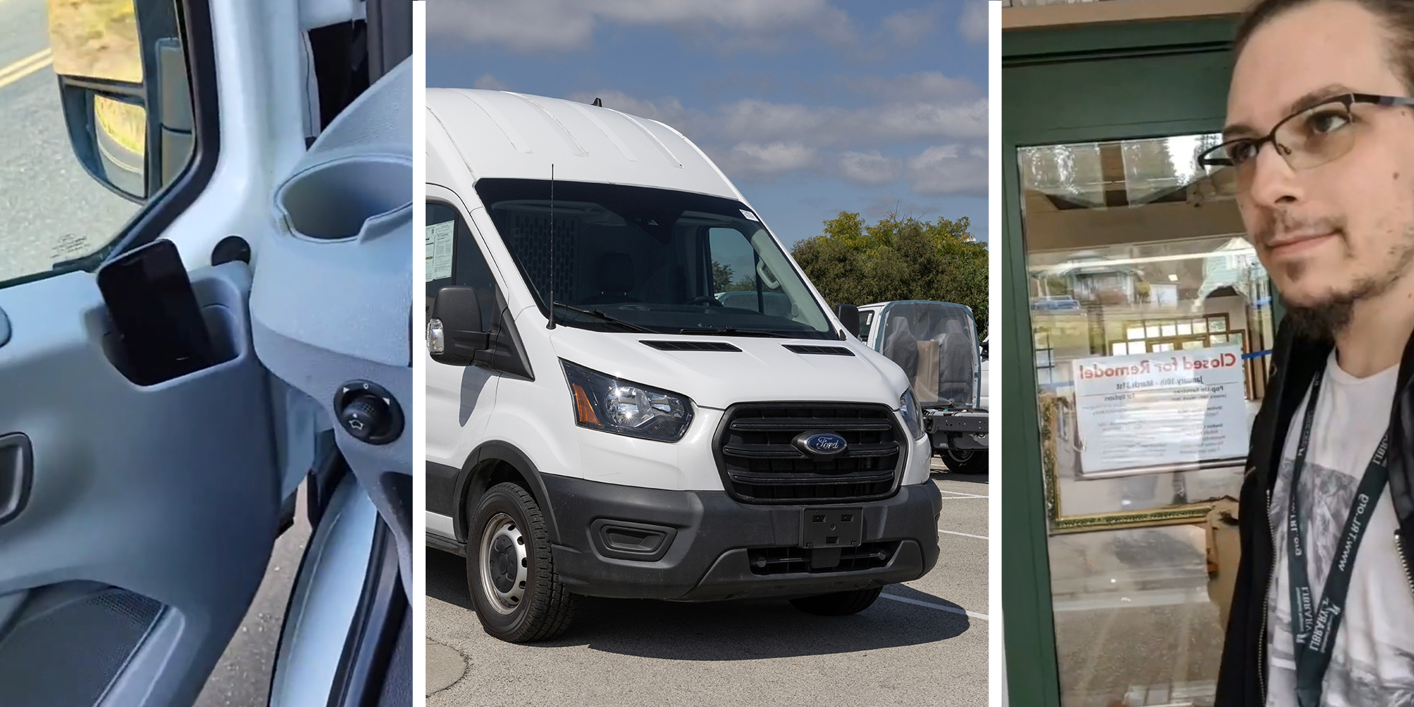 Phone on Vehicle card holder(l) Ford Transit (c) Man wearing glasses with White T shirt(r)