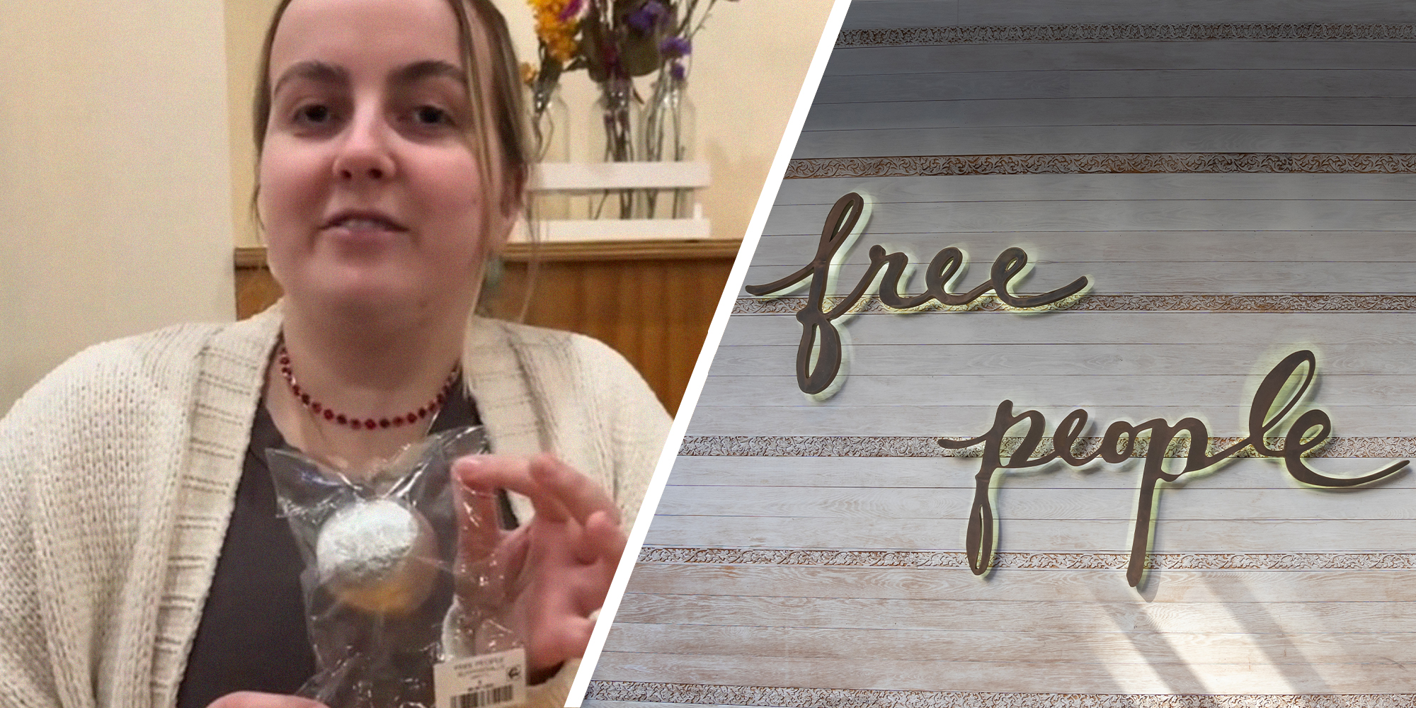 Woman holding up Free People's Christmas ball(l) Free People Sign(r)