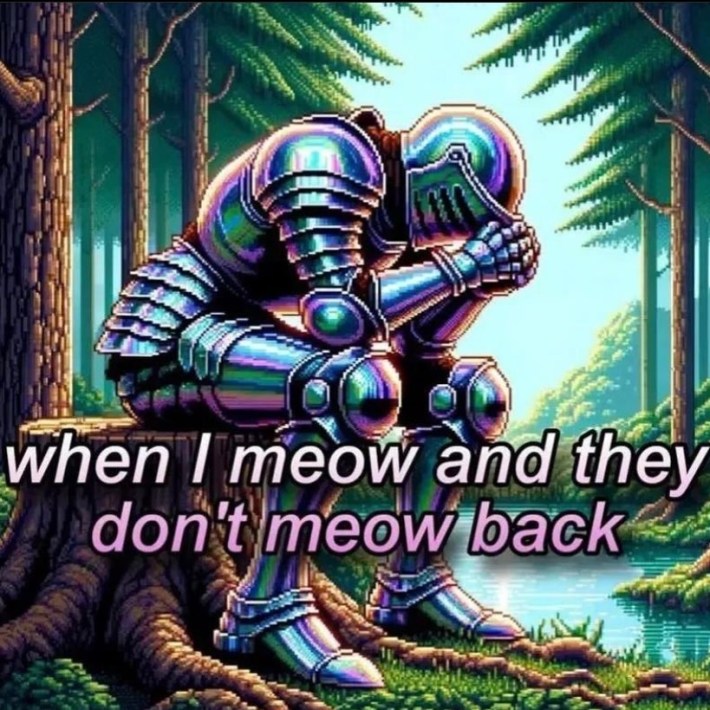 Funny cat meme pixel art of a sad knight on a stump. "When I meow and they don't meow back."