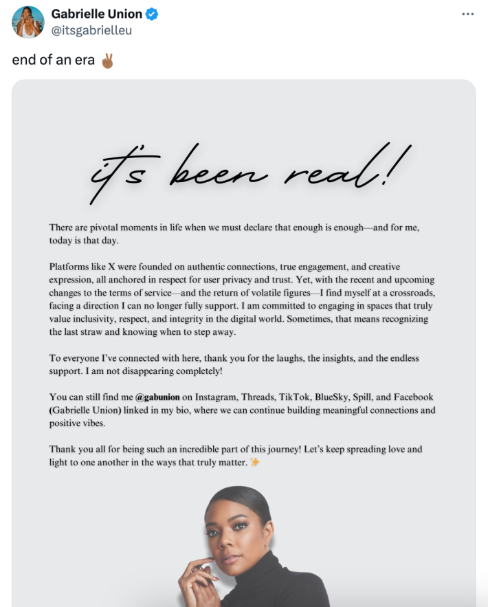 gabrielle union leaves x for bluesky