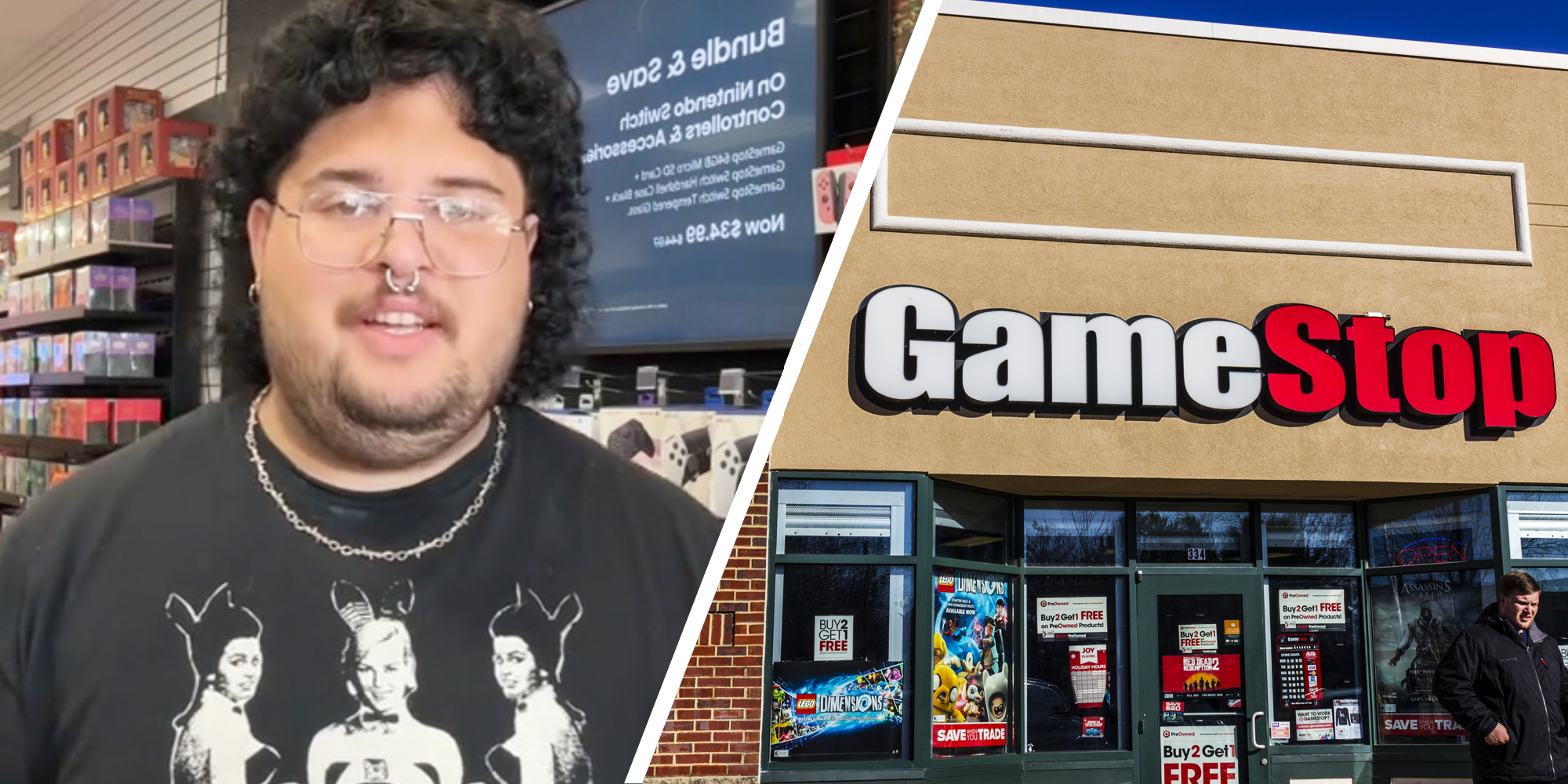 Man talking(l), Game stop storefront(r)