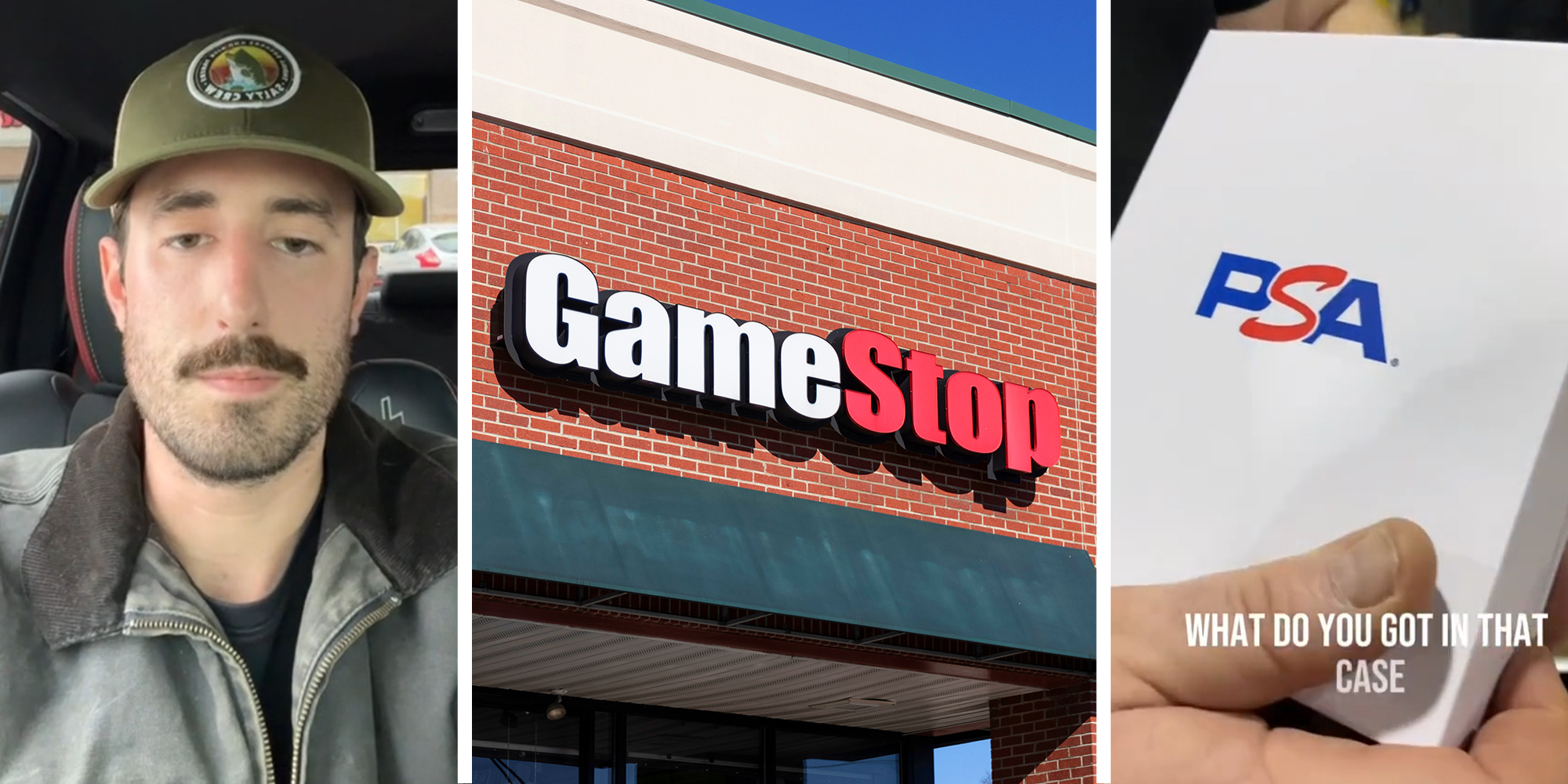 Man sharing his GameStop grading experience on TikTok(l) GameStop Store Front(c) PSA Card Grading Box(r)