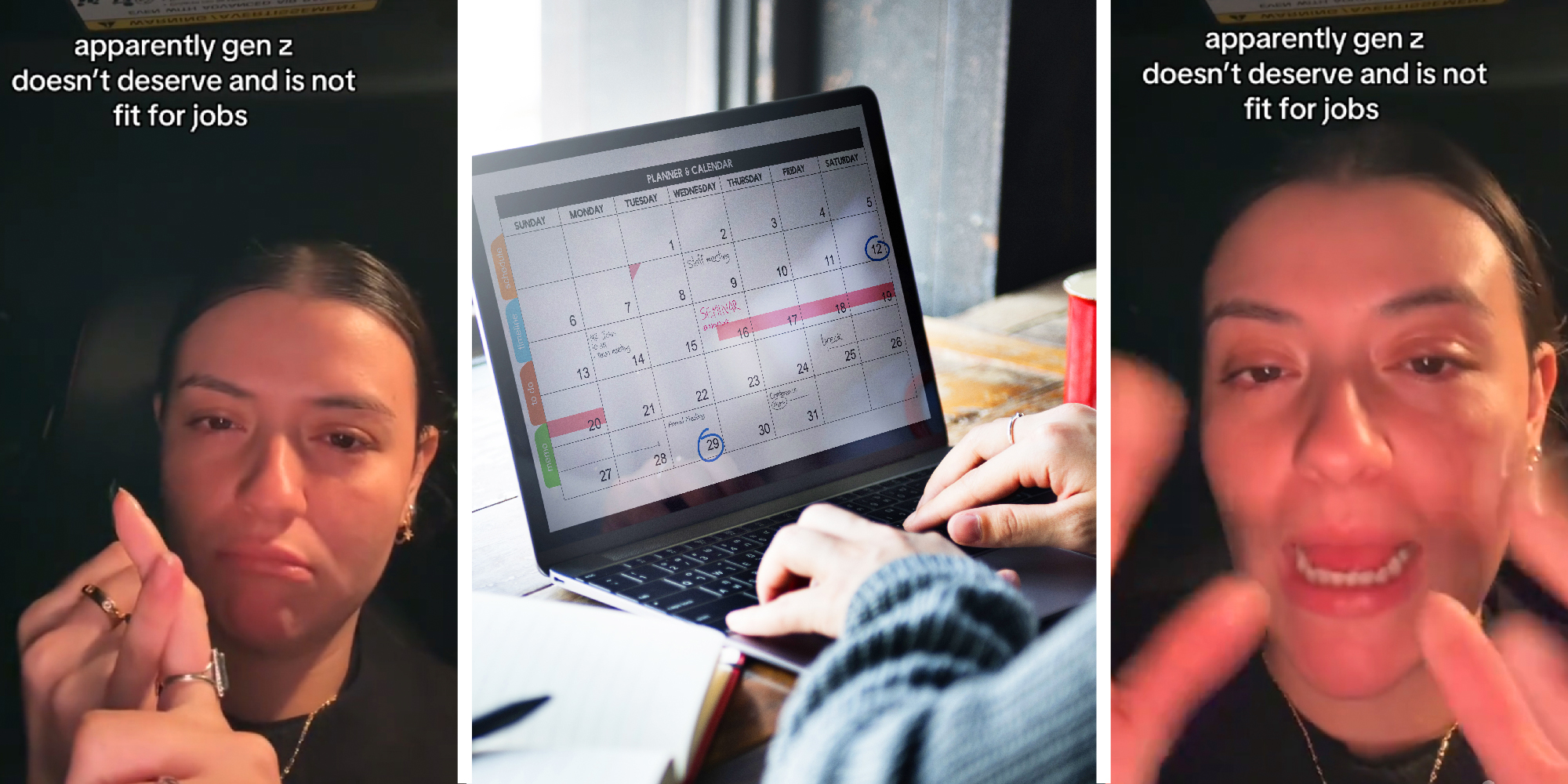 3 panel image: in the side panels a person is crying in their car with the text over, "apparently gen z doesn't deserve and is not fit for jobs"